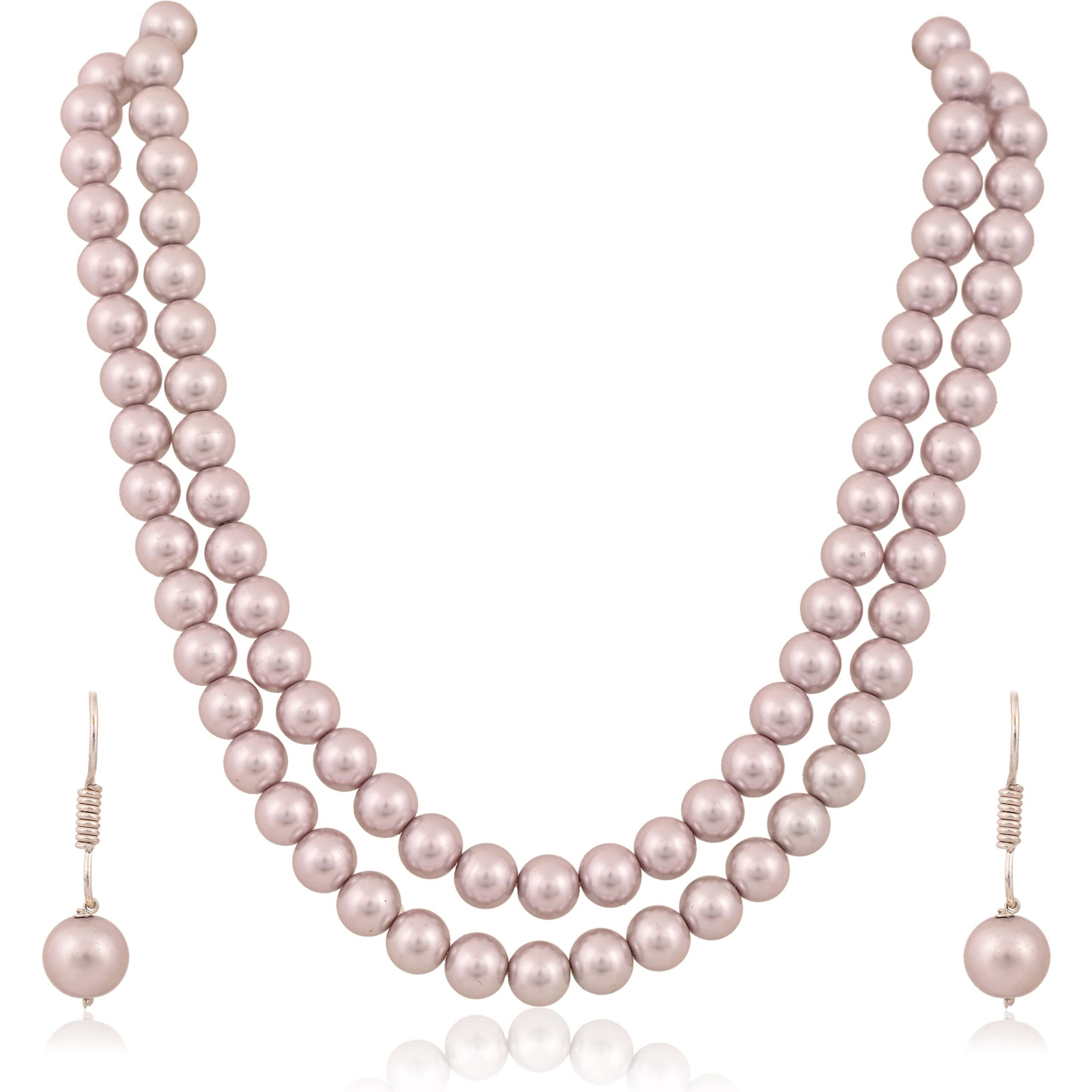 RATNAVALI JEWELS Imitation Pearl 10MM Bead Size Double Strand Necklace Pearl Moti Mala Jewellery Set with Earrings for Women Girls