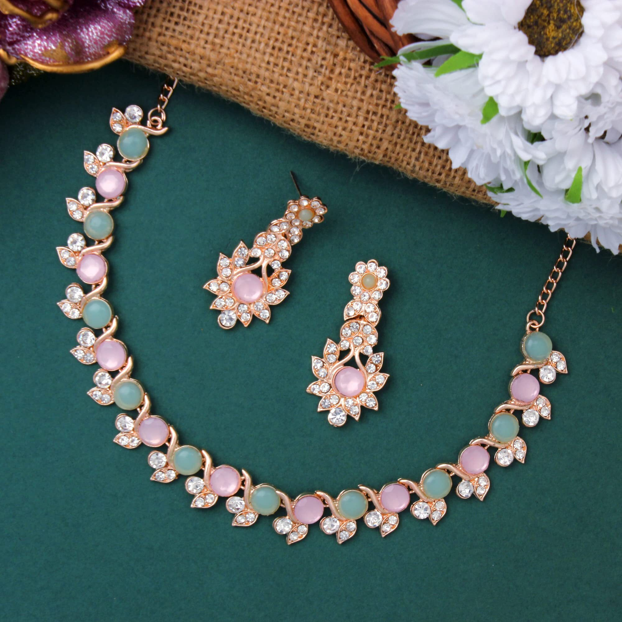 Atasi International Gold Plated Pink & Green Crystal AD Diamond Womens Necklace Set | Jewellery Set With Earrings | MPG5764