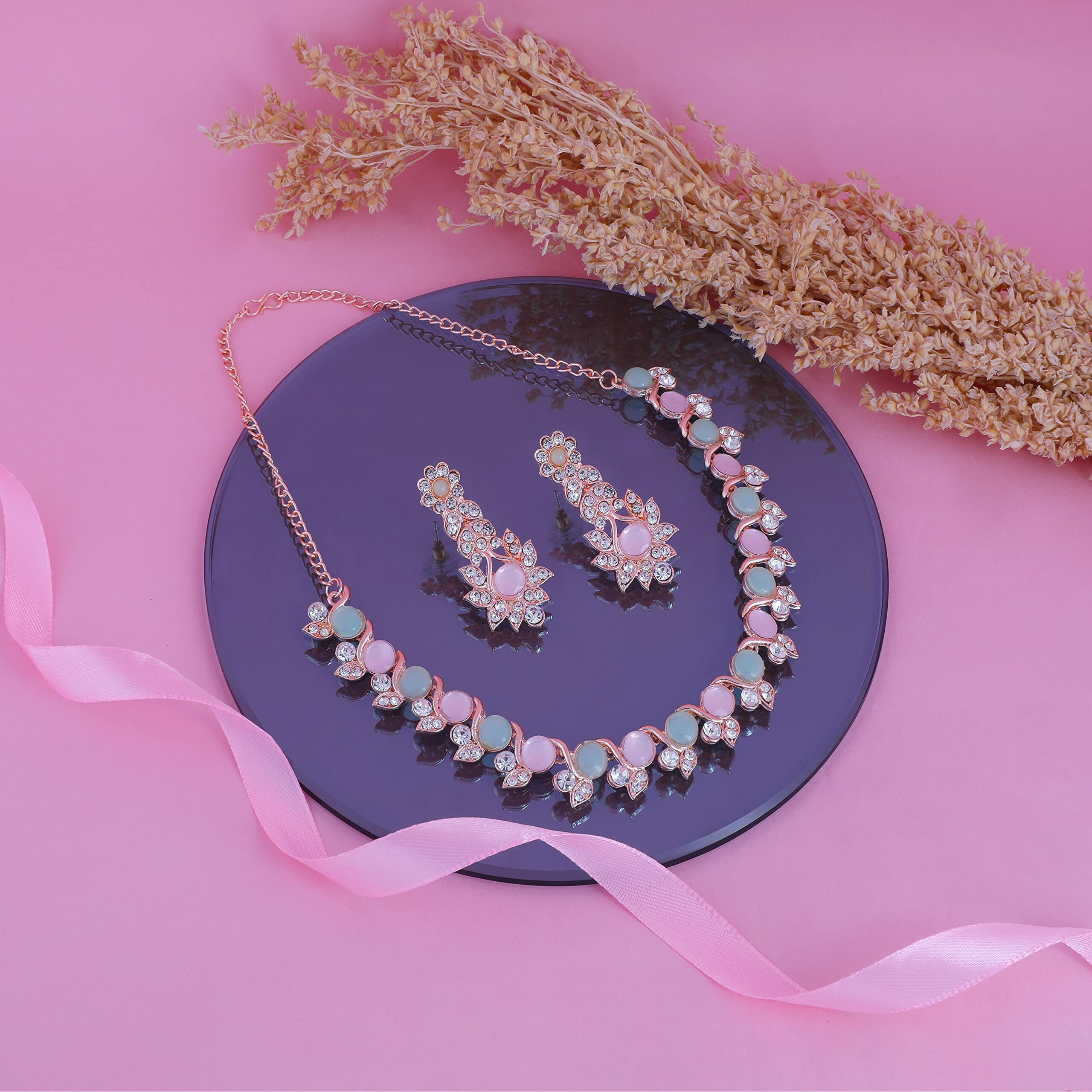 Atasi International Gold Plated Pink & Green Crystal AD Diamond Womens Necklace Set | Jewellery Set With Earrings | MPG5764
