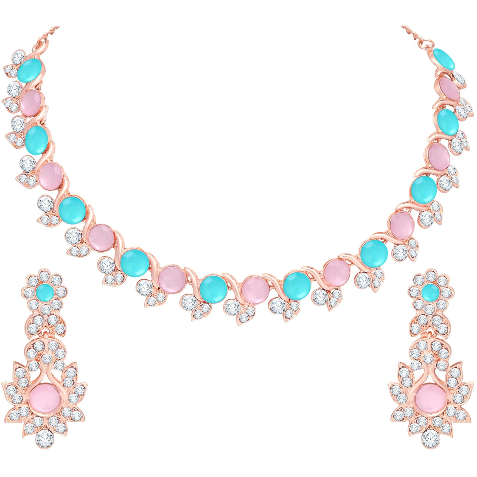 Atasi International Gold Plated Pink and Blue Crystal AD Diamond Womens Necklace Set | Jewellery Set With Earrings | MPB5764