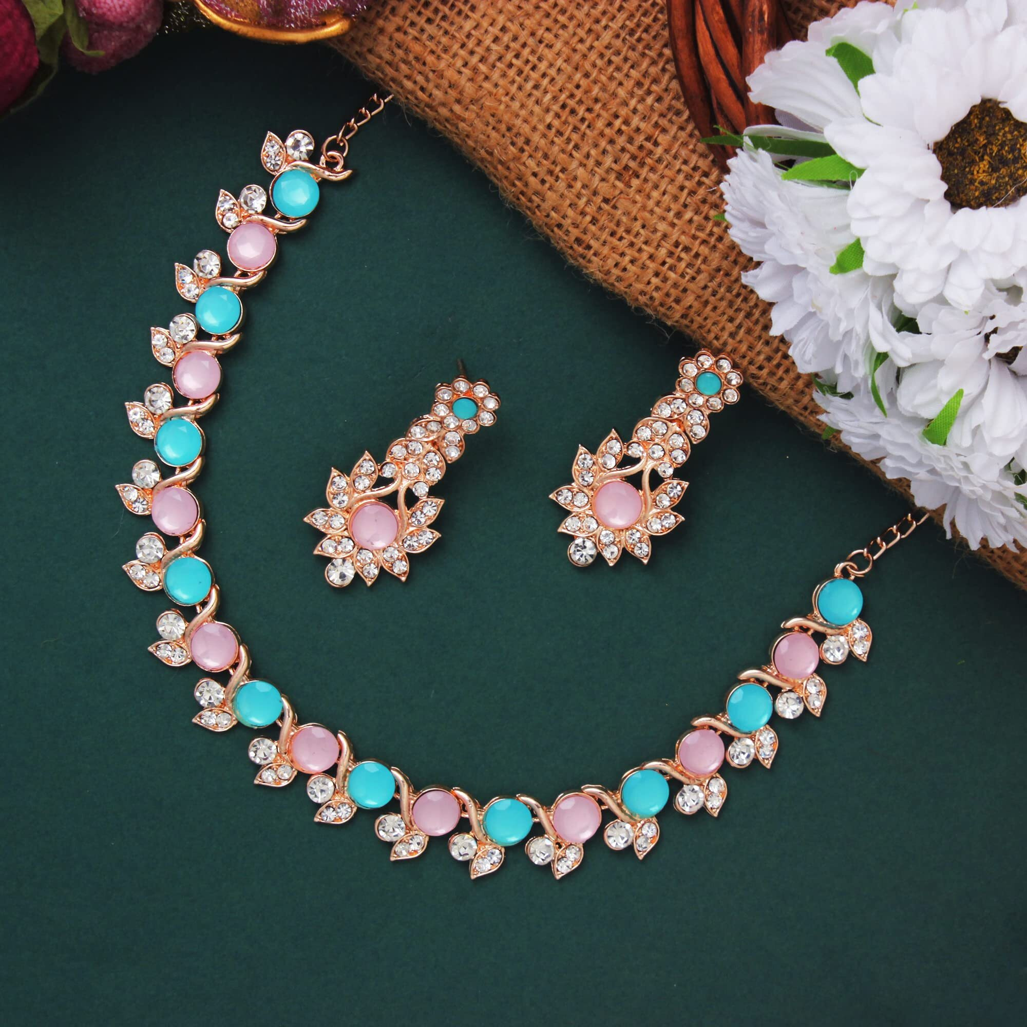 Atasi International Gold Plated Pink and Blue Crystal AD Diamond Womens Necklace Set | Jewellery Set With Earrings | MPB5764