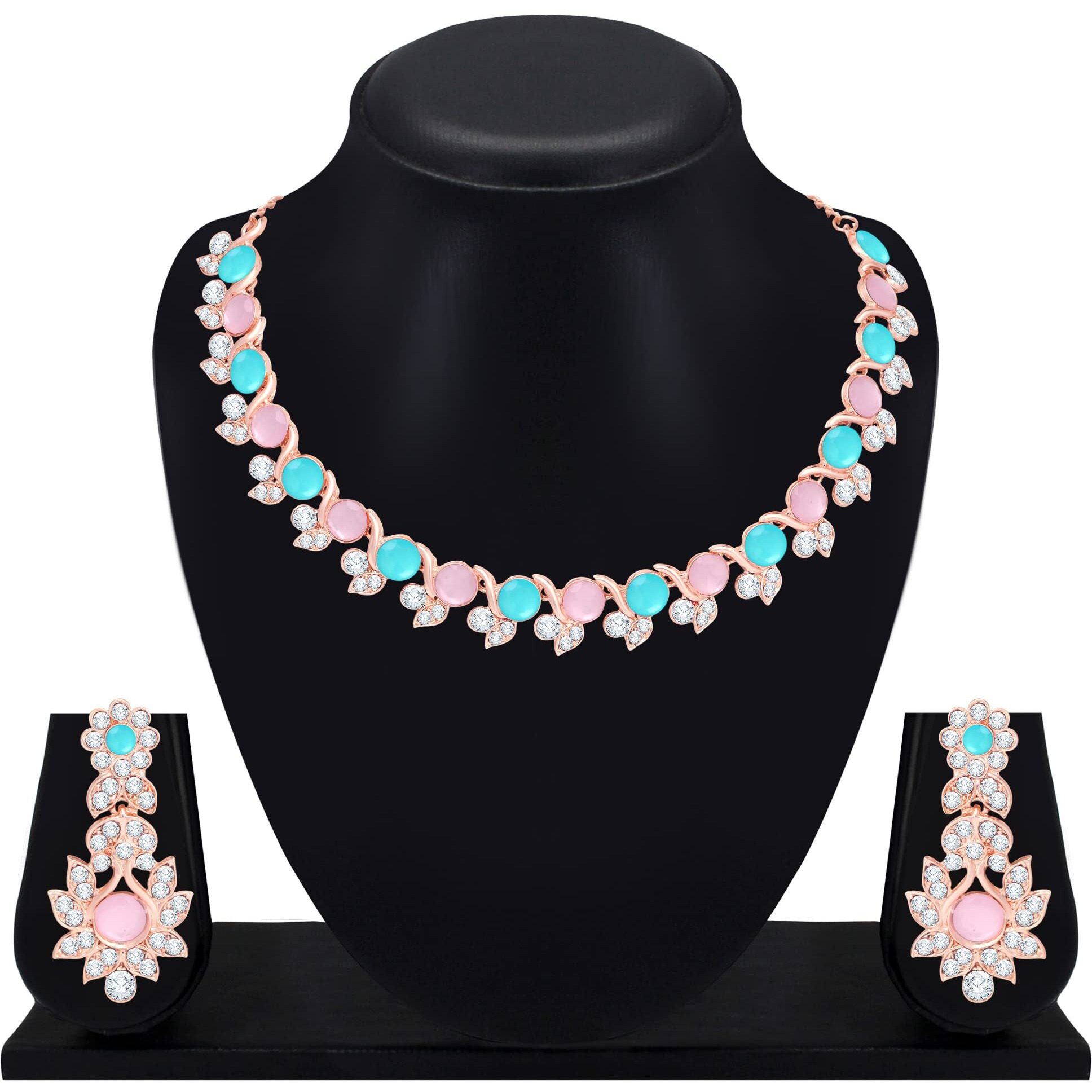 Atasi International Gold Plated Pink and Blue Crystal AD Diamond Womens Necklace Set | Jewellery Set With Earrings | MPB5764