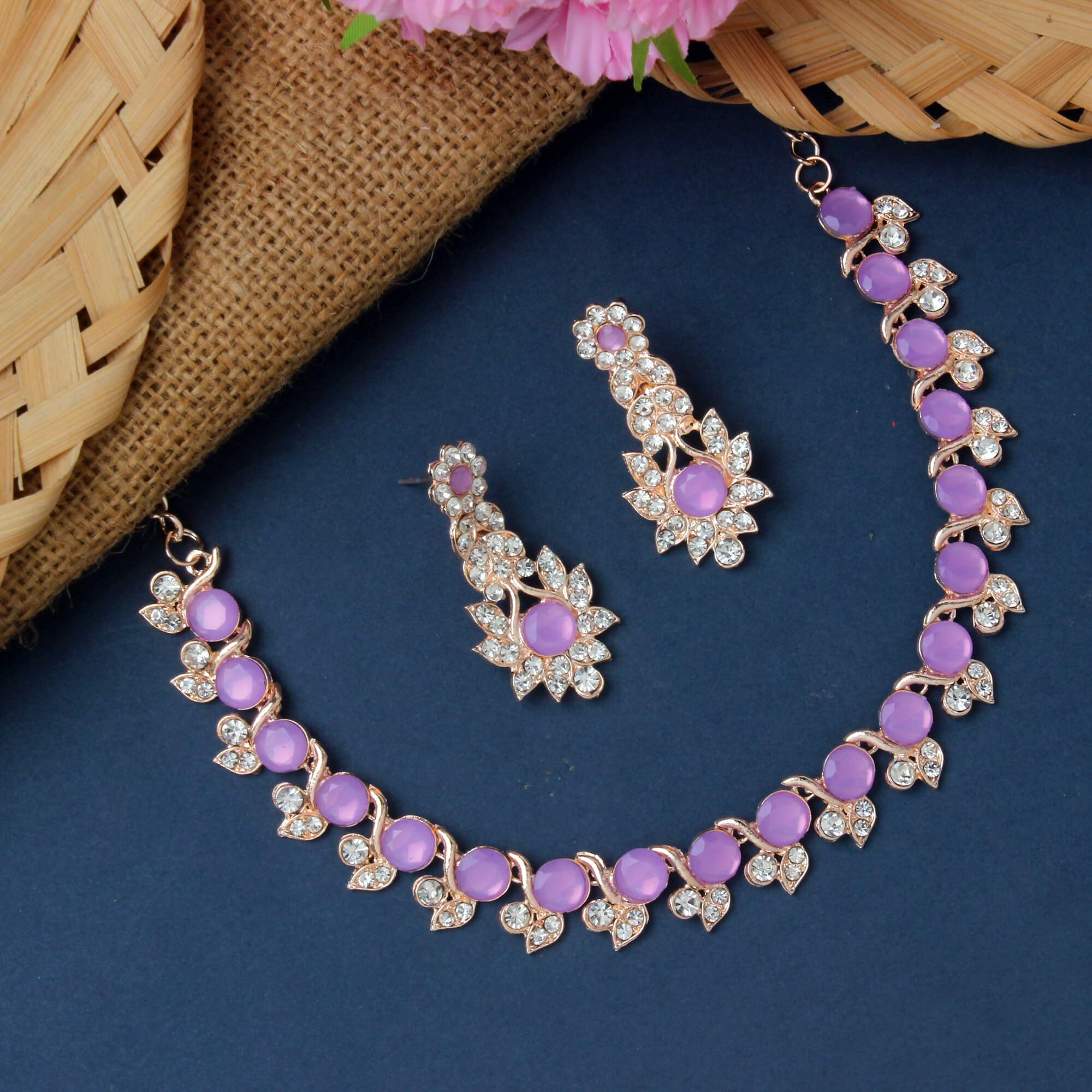 Atasi International Purple Color Crystals Gold Plated Necklace Jewellery Set with Earrings for Women Ideal for Party, Wedding, Festivals (PU5764)