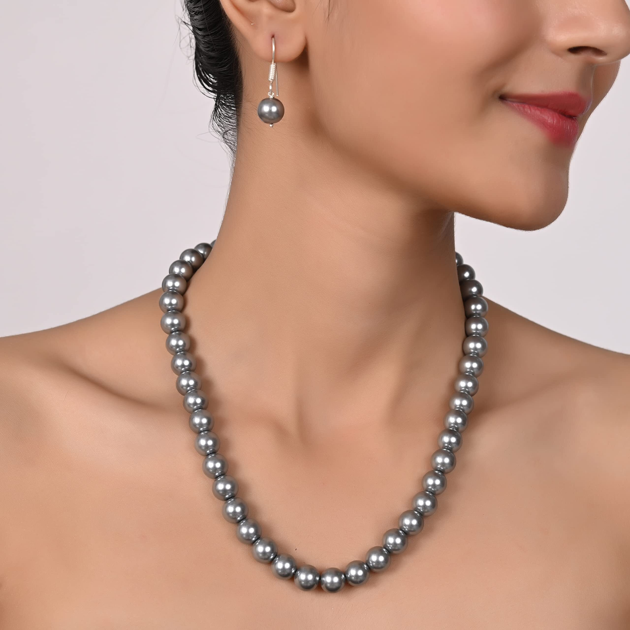 Ratnavali Jewels Imitation Pearl 10MM Bead Size Strand Necklace Pearl Moti Mala Jewellery Set with Earrings for Women Girls