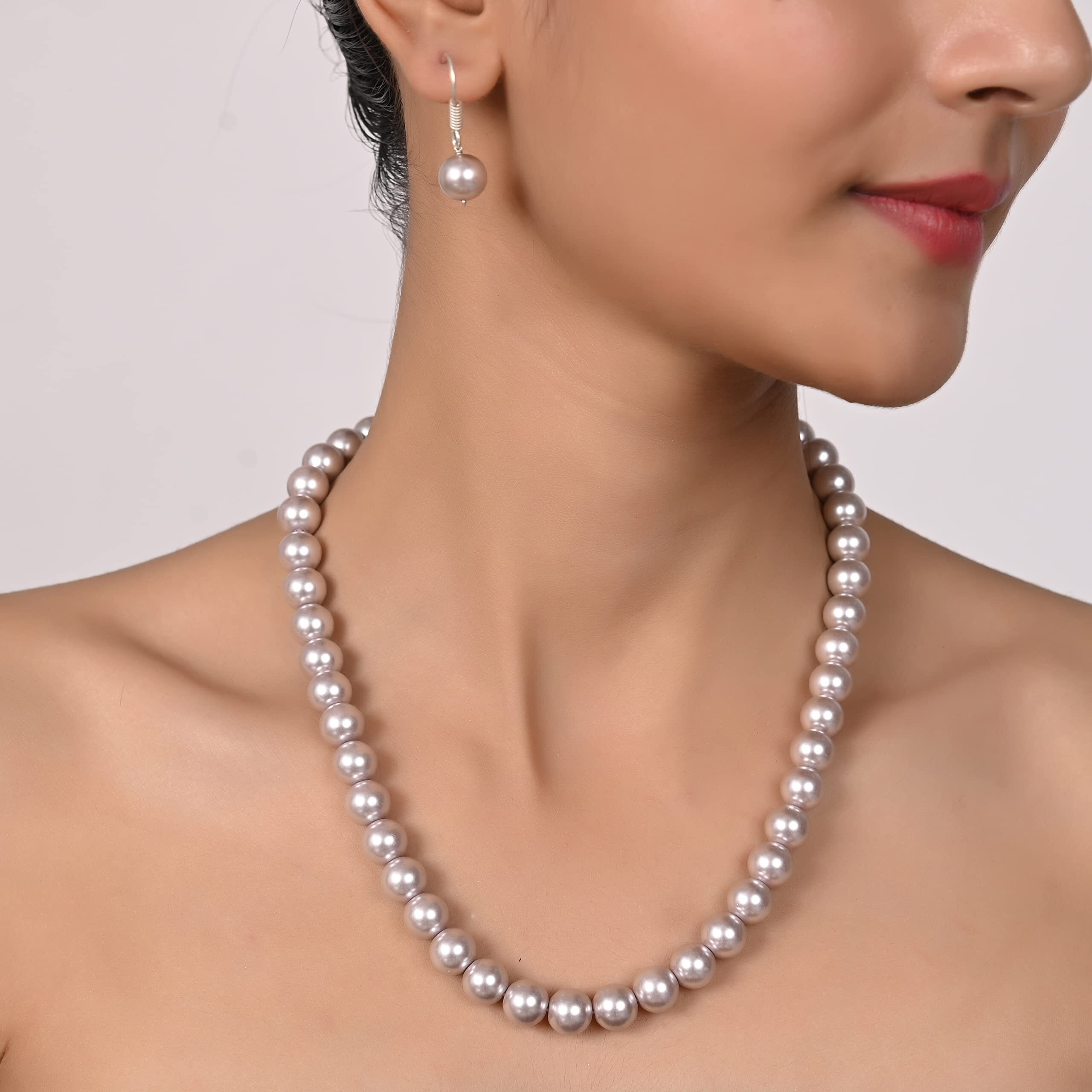 Ratnavali Jewels Imitation Pearl 10MM Bead Size Strand Necklace Pearl Moti Mala Jewellery Set with Earrings for Women Girls