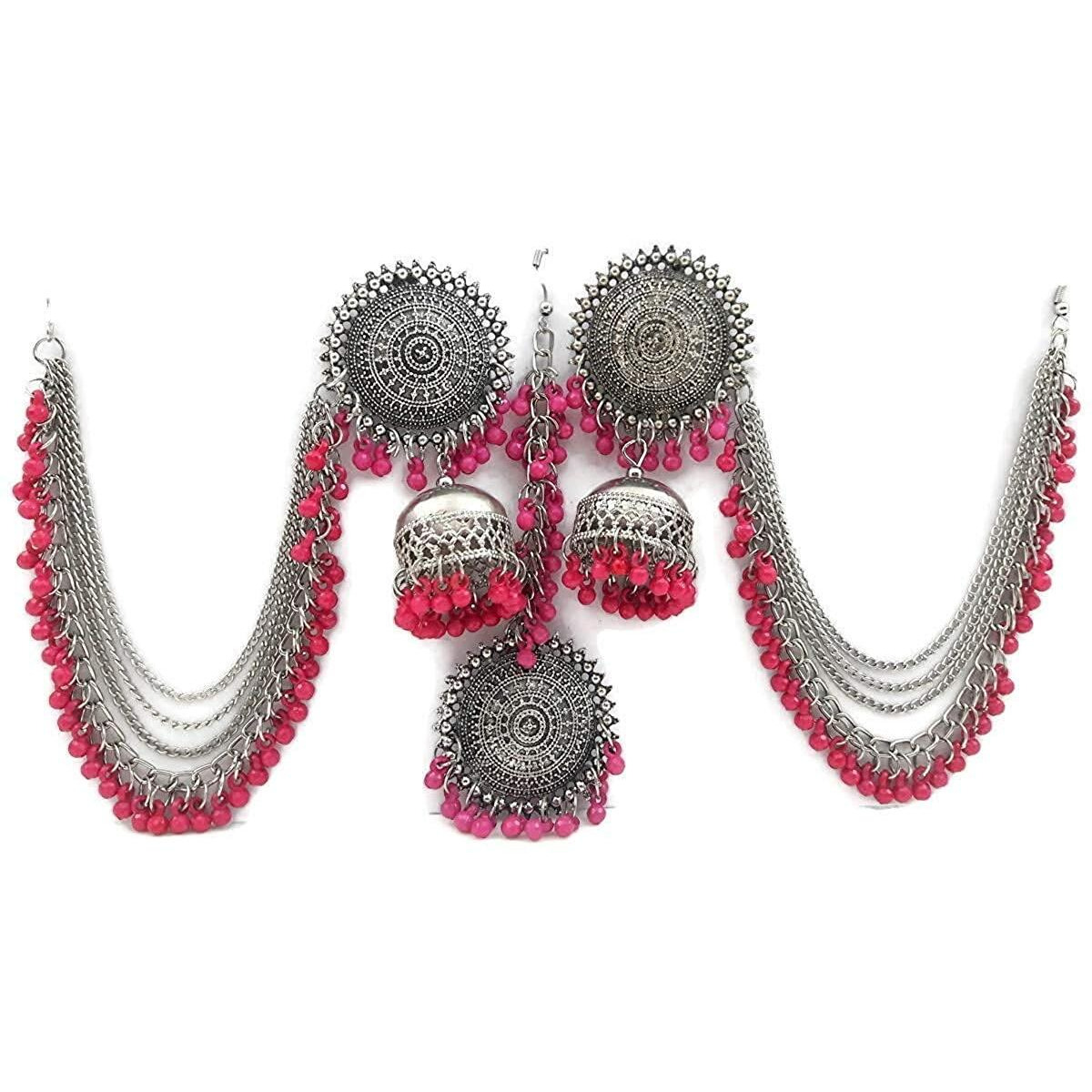 Shining Diva Fashion Latest Oxidised Silver Antique Design Stylish Traditional Maang Tikka Jhumka Earrings Jewellery Set for Girls (Pink) (12004s)