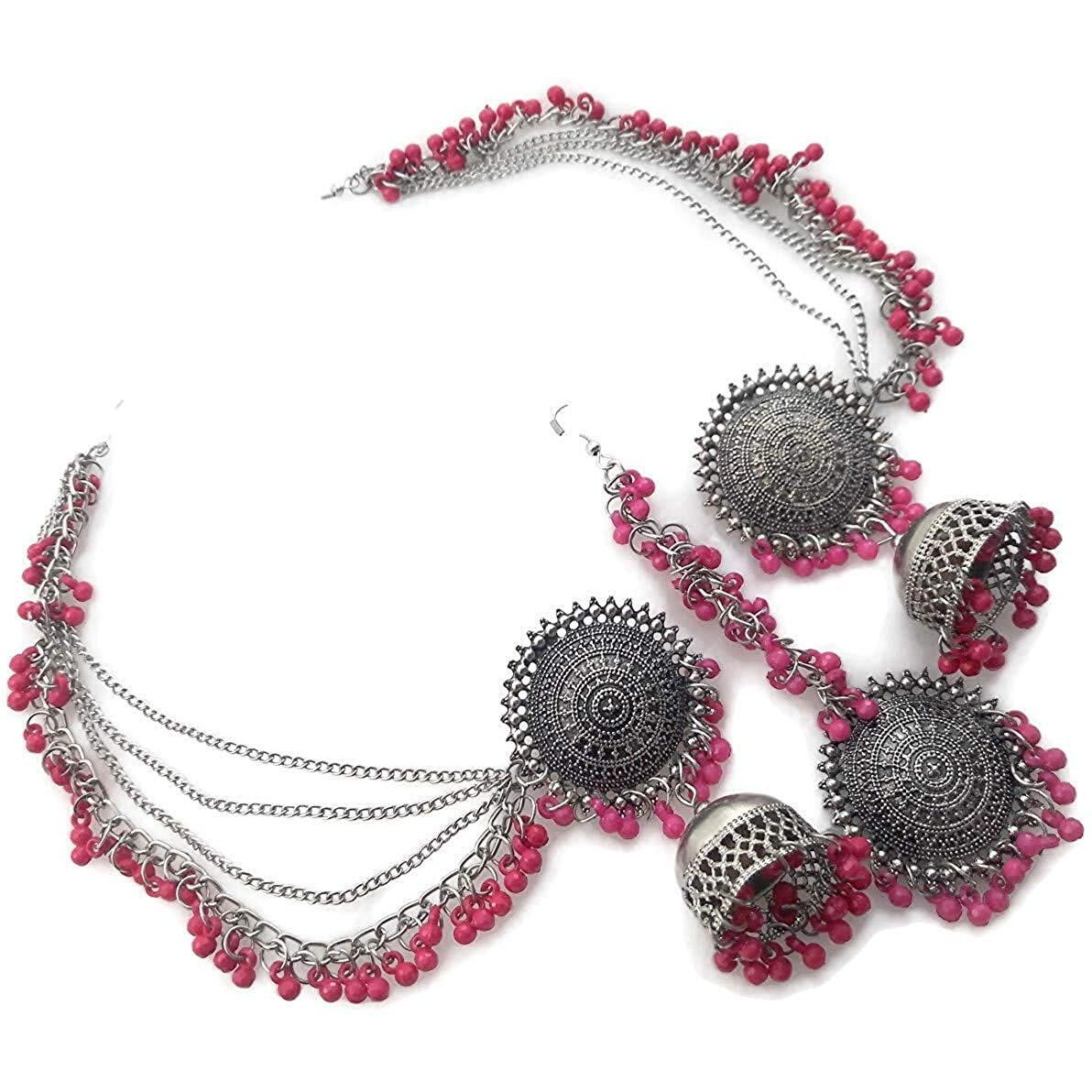 Shining Diva Fashion Latest Oxidised Silver Antique Design Stylish Traditional Maang Tikka Jhumka Earrings Jewellery Set for Girls (Pink) (12004s)