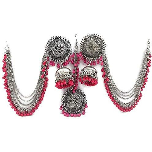 Shining Diva Fashion Latest Oxidised Silver Antique Design Stylish Traditional Maang Tikka Jhumka Earrings Jewellery Set for Girls (Pink) (12004s)