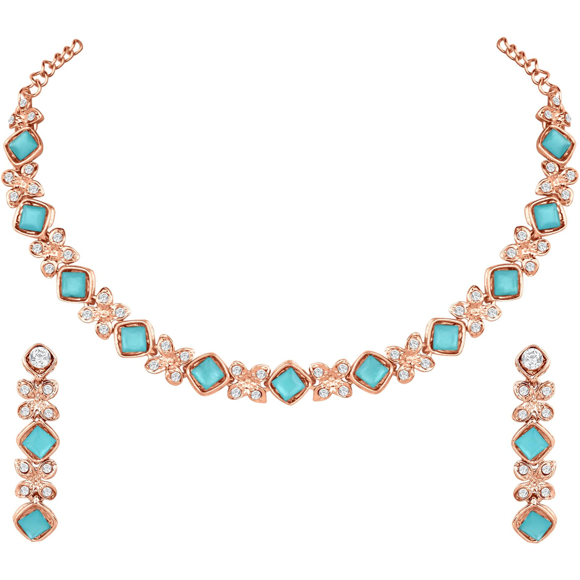 Atasi International Gold Plated Mint Blue Crystals AD Diamond Style Delicate Necklace Jewellery Set for Women & GIrls (MB1744)