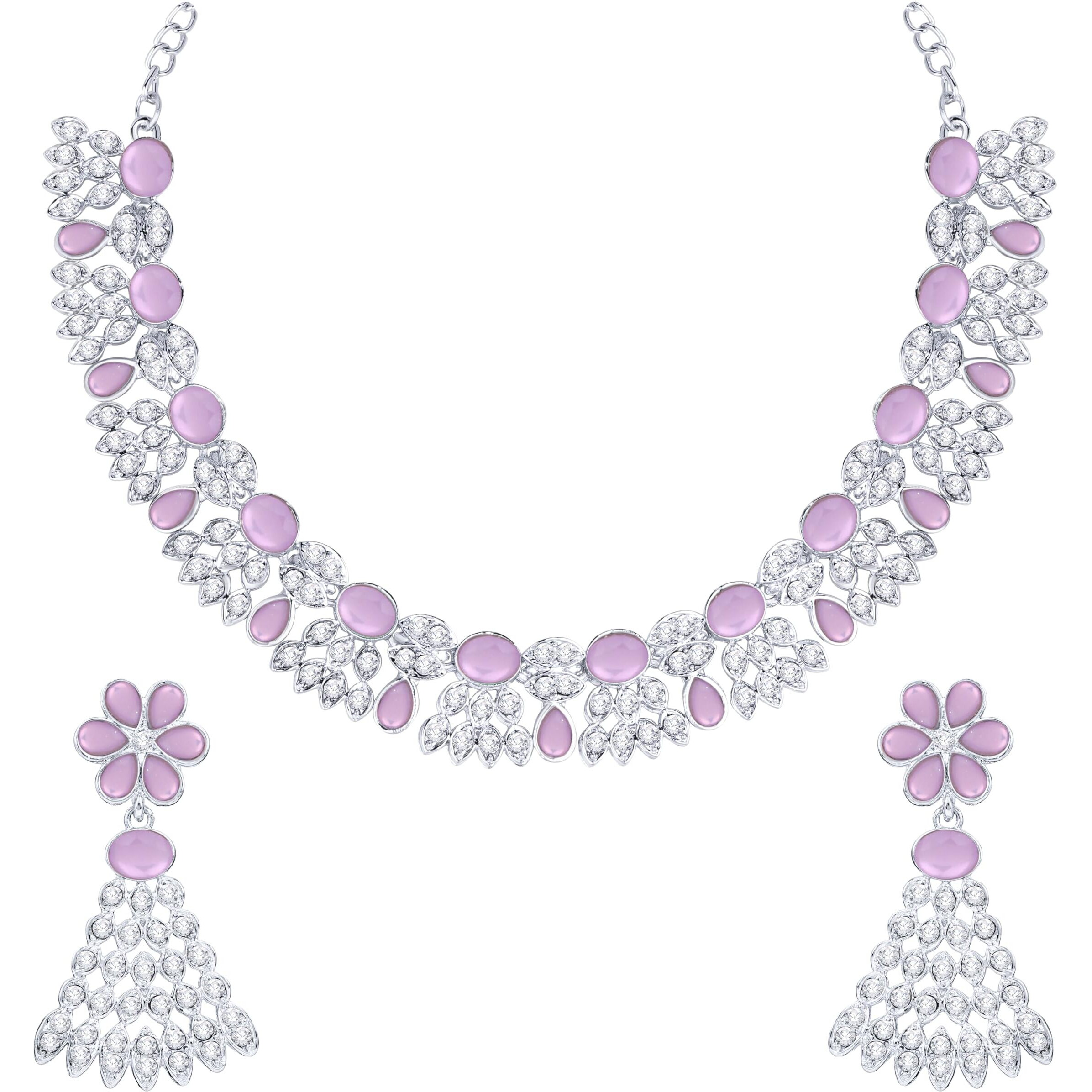 Atasi International Silver Plated Purple Color AD Diamond Necklace Jewellery Set for Women/Girls Suited for Party, Wedding, Engagement (RPU5774)