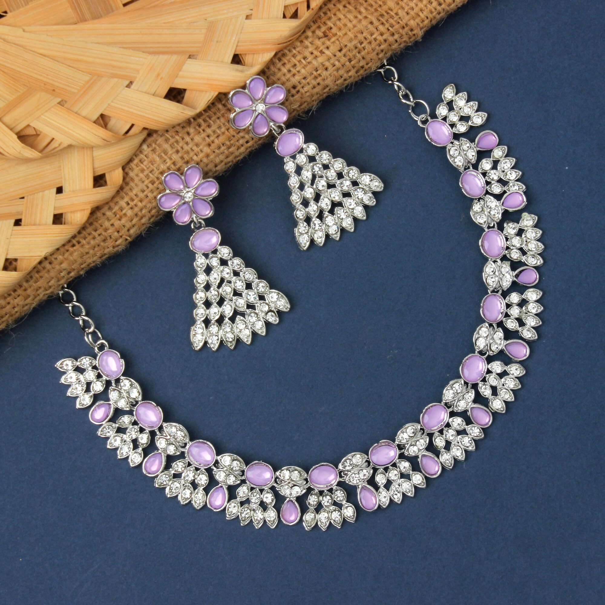 Atasi International Silver Plated Purple Color AD Diamond Necklace Jewellery Set for Women/Girls Suited for Party, Wedding, Engagement (RPU5774)