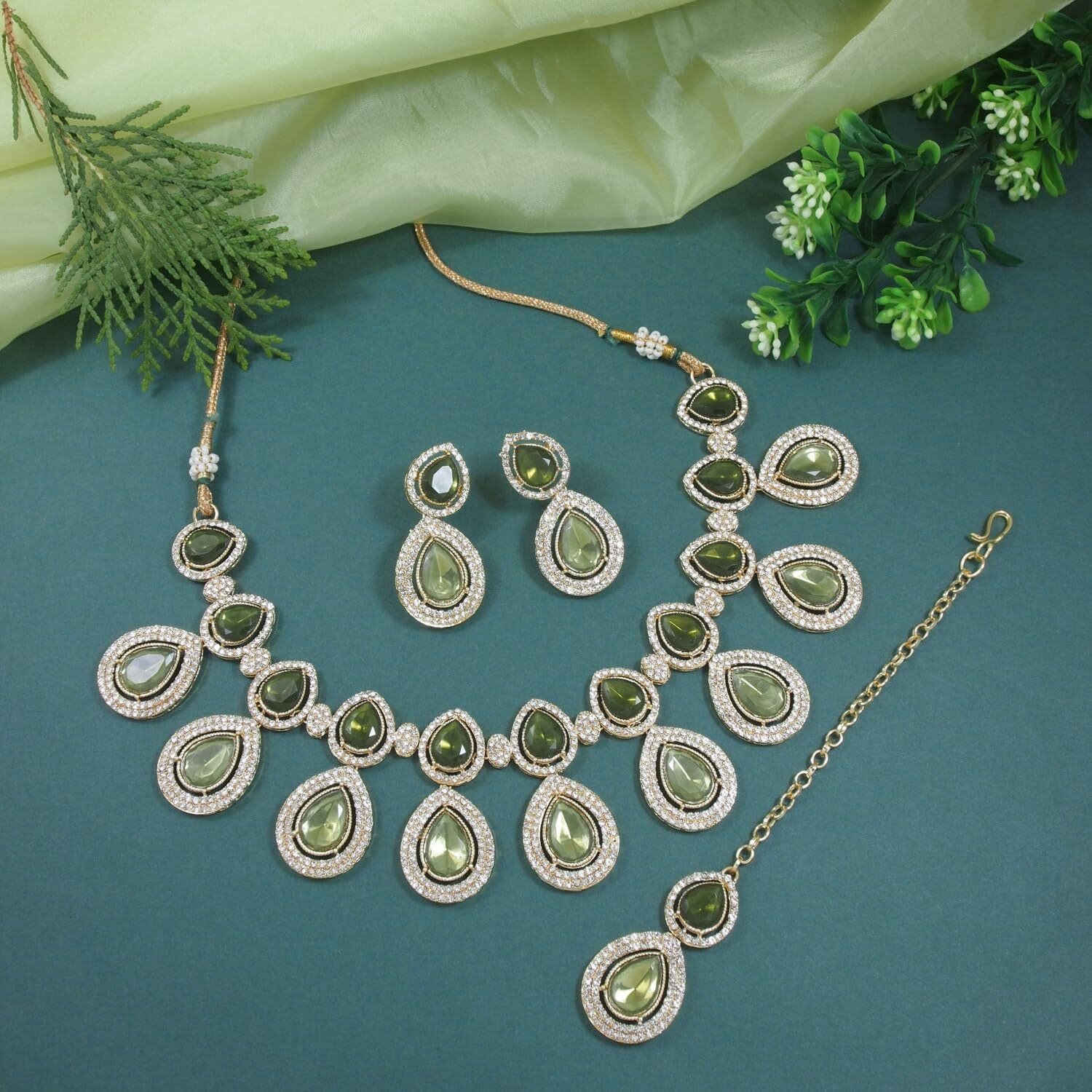 I Jewels 18K Gold Plated Traditional Kundan & Stone Studded Choker Necklace Jewellery With Earrings Set for Women/Girls (IJ371-1) (Mehandi)