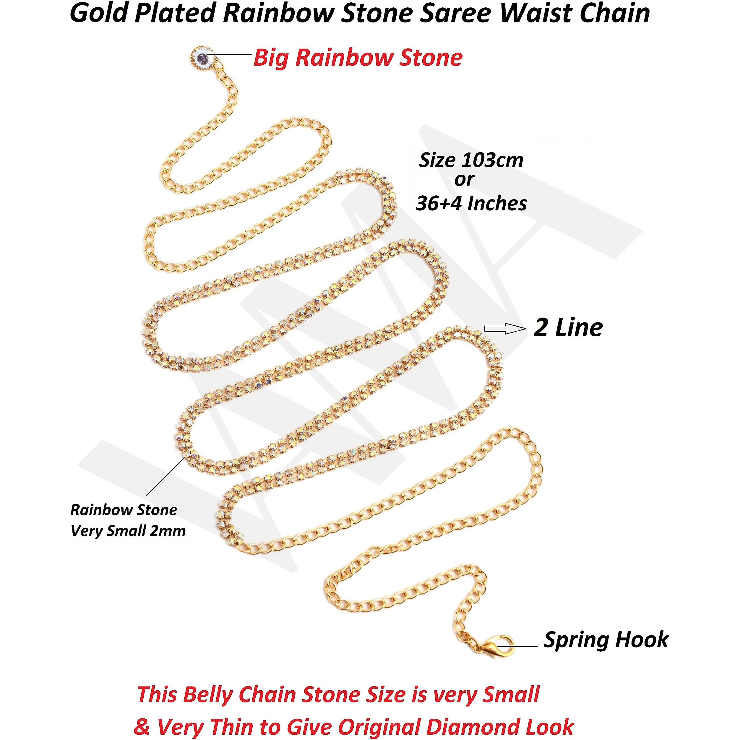 Vama Fashions kamarbandh western hip waist Belly chain ottiyanam aranjanam for lehanga kamarpatta for women (Rainbow Stone Gold Belly Chain)