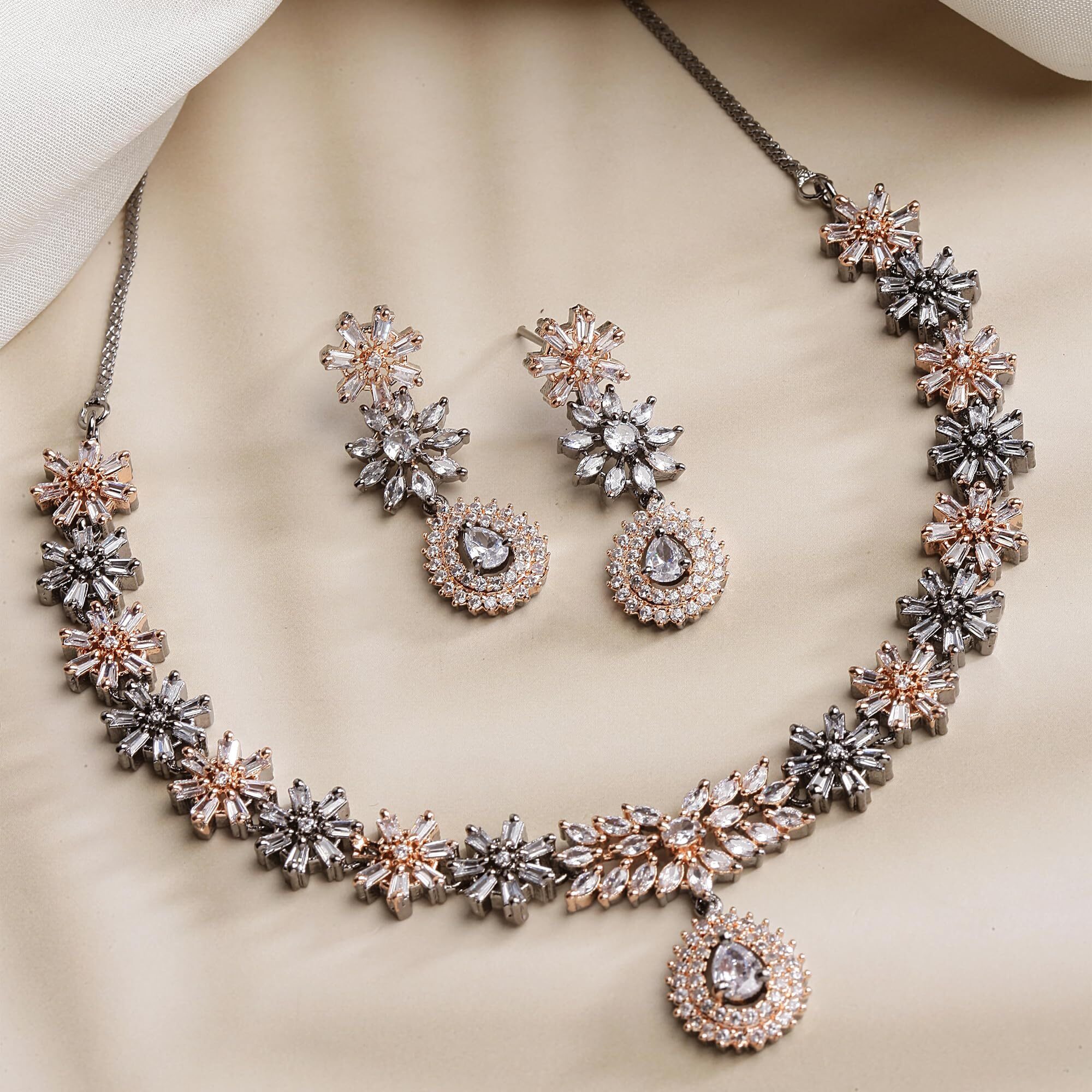 ZENEME Rose Gold-Plated Floral Design Rose Black and White American Diamond Studded Jewellery Set (Rose Black White)