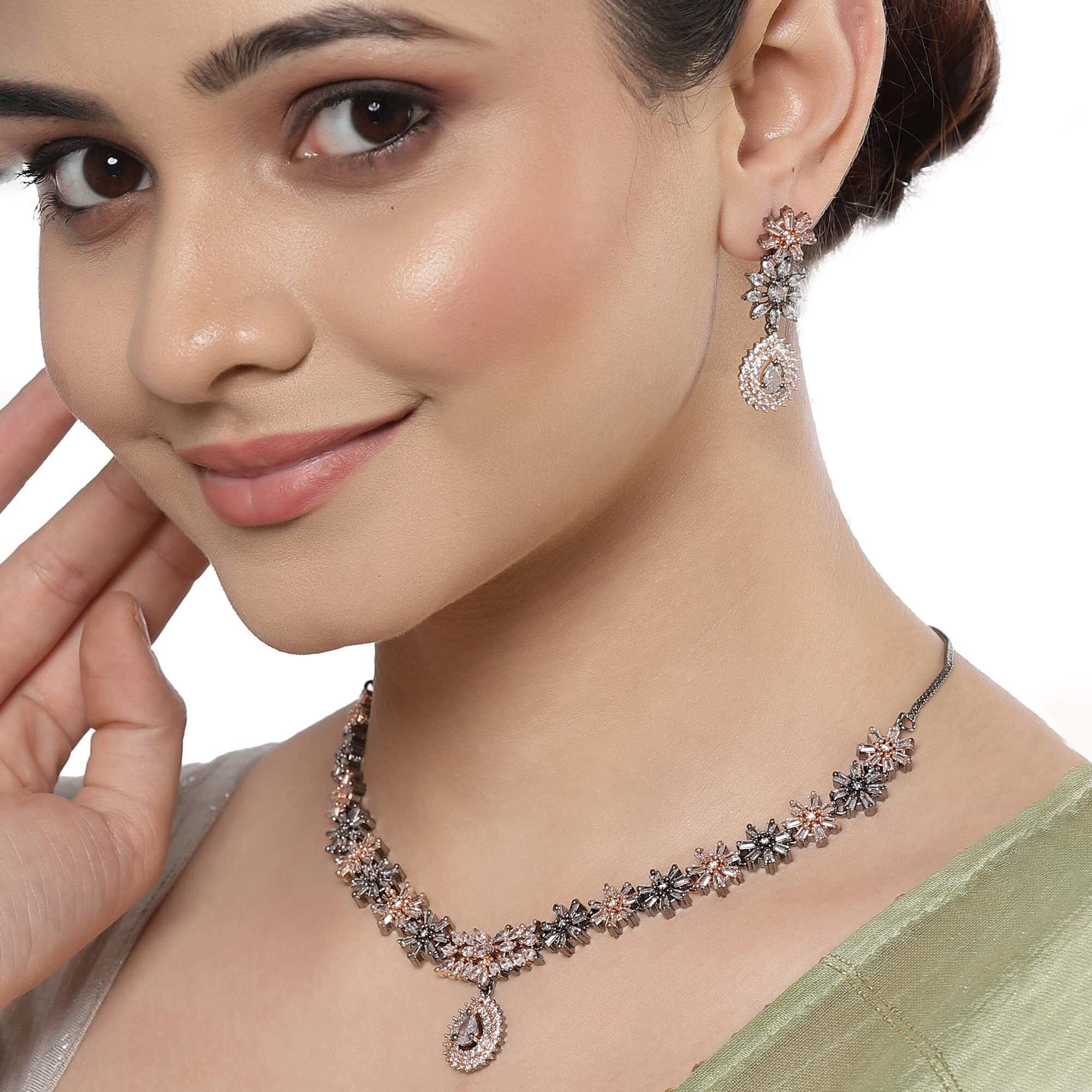 ZENEME Rose Gold-Plated Floral Design Rose Black and White American Diamond Studded Jewellery Set (Rose Black White)