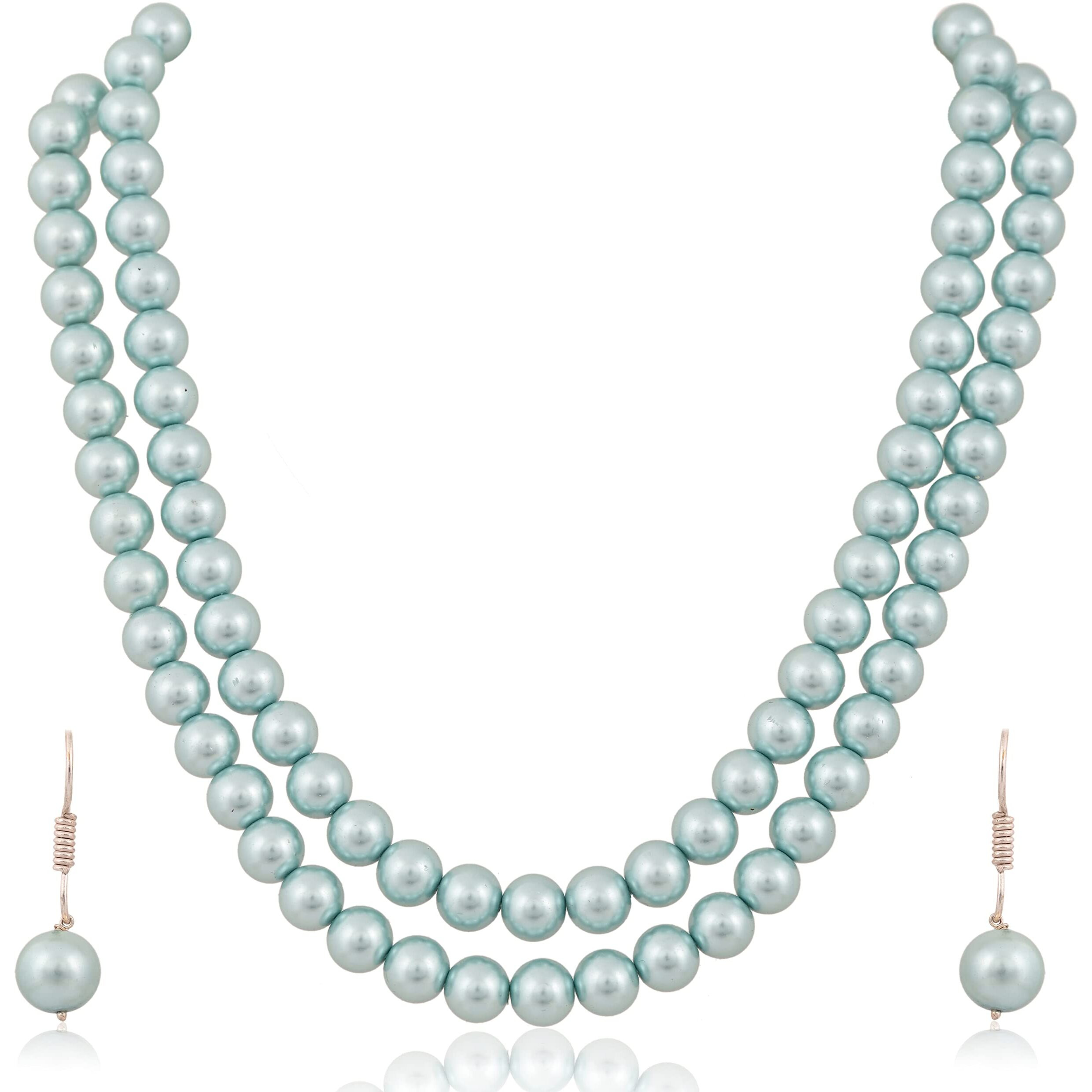 RATNAVALI JEWELS Imitation Pearl 10MM Bead Size Double Strand Necklace Pearl Moti Mala Jewellery Set with Earrings for Women Girls