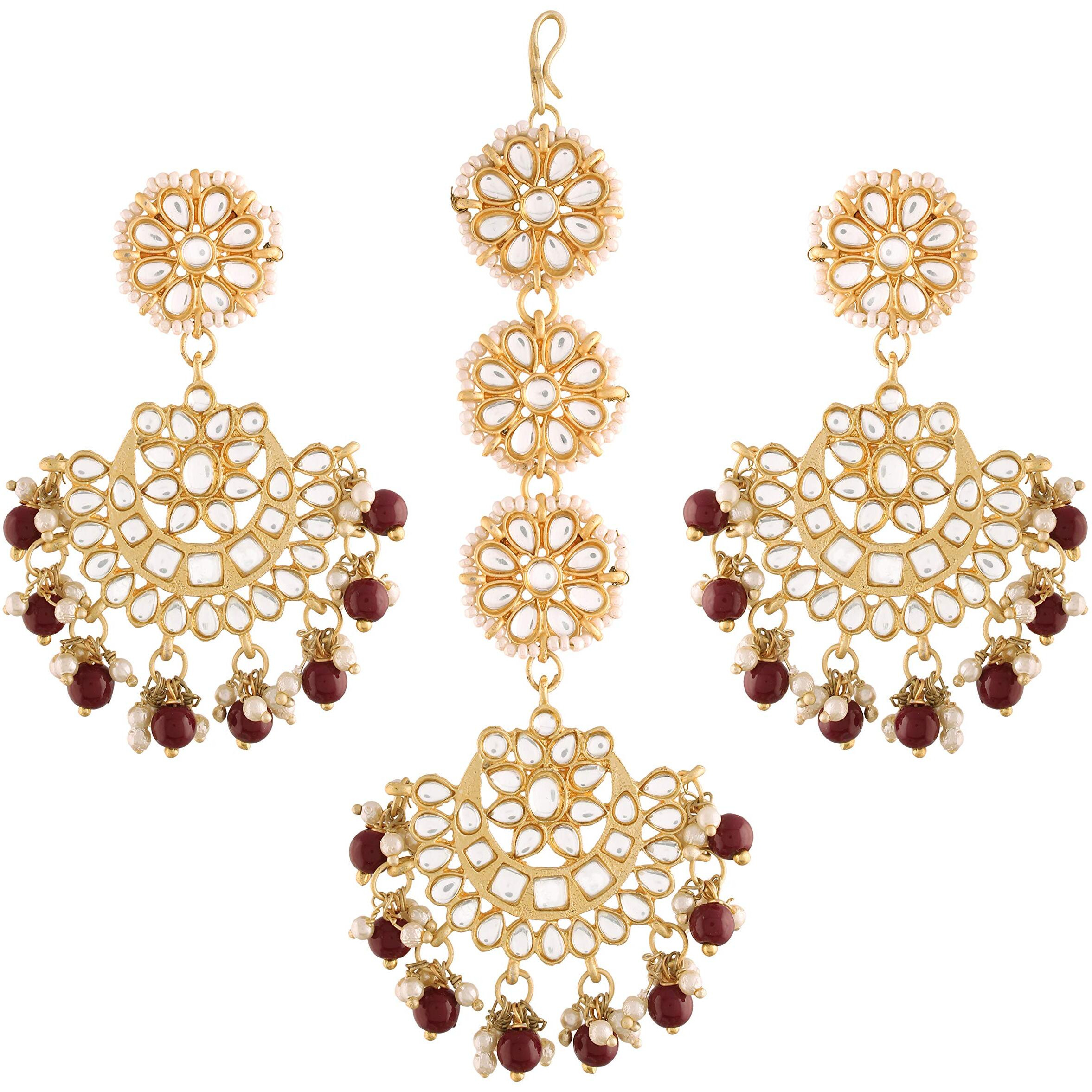 I Jewels Gold Plated With Stunning Matte Finish Traditional Kundan & Faux Pearl Chandbali Earrings With Maang Tikka Set (Te2911, Maroon, Womens)