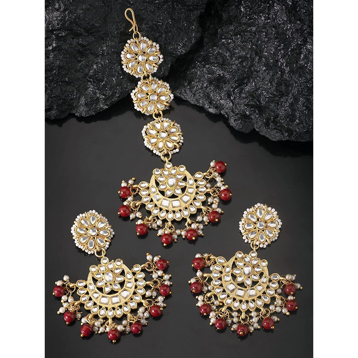 I Jewels Gold Plated With Stunning Matte Finish Traditional Kundan & Faux Pearl Chandbali Earrings With Maang Tikka Set (Te2911, Maroon, Womens)