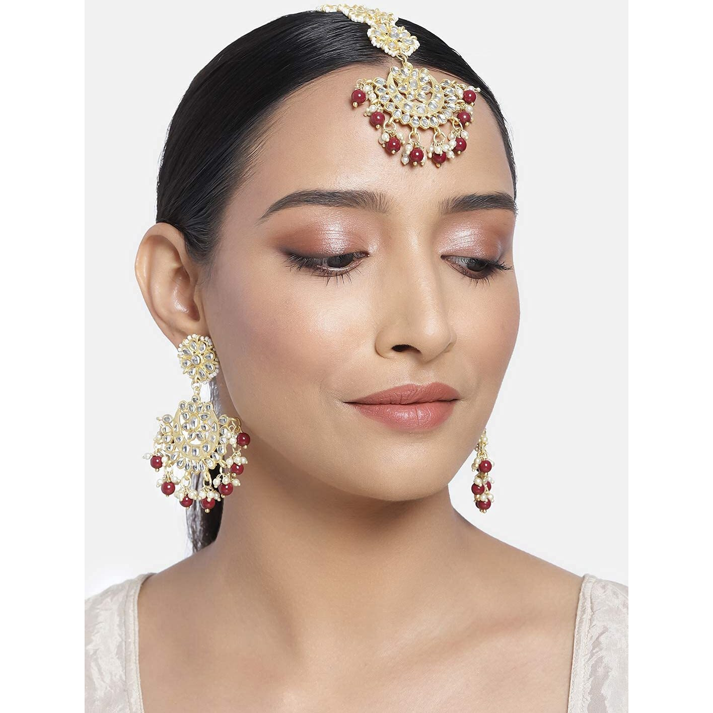 I Jewels Gold Plated With Stunning Matte Finish Traditional Kundan & Faux Pearl Chandbali Earrings With Maang Tikka Set (Te2911, Maroon, Womens)