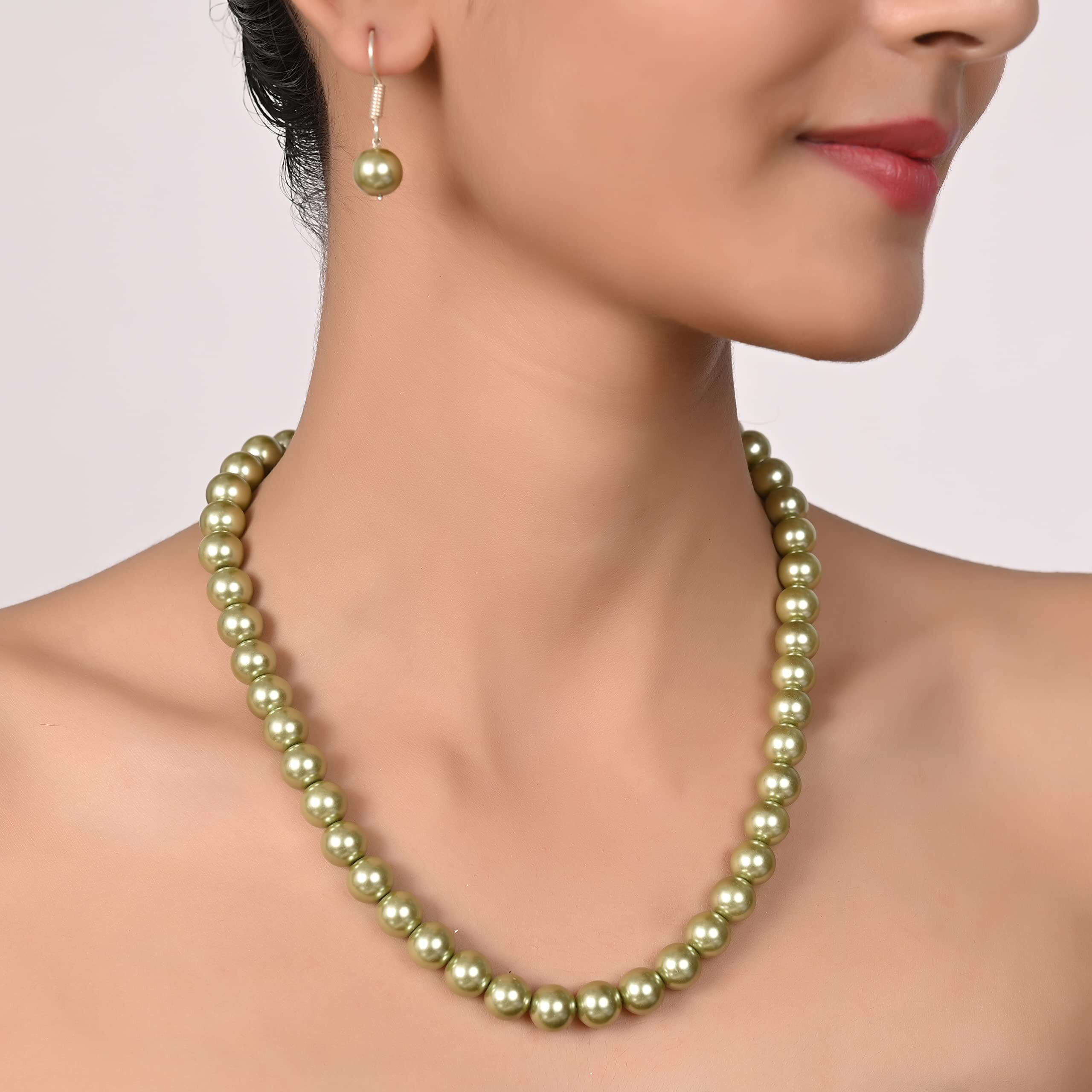 Ratnavali Jewels Imitation Pearl 10MM Bead Size Strand Necklace Pearl Moti Mala Jewellery Set with Earrings for Women Girls