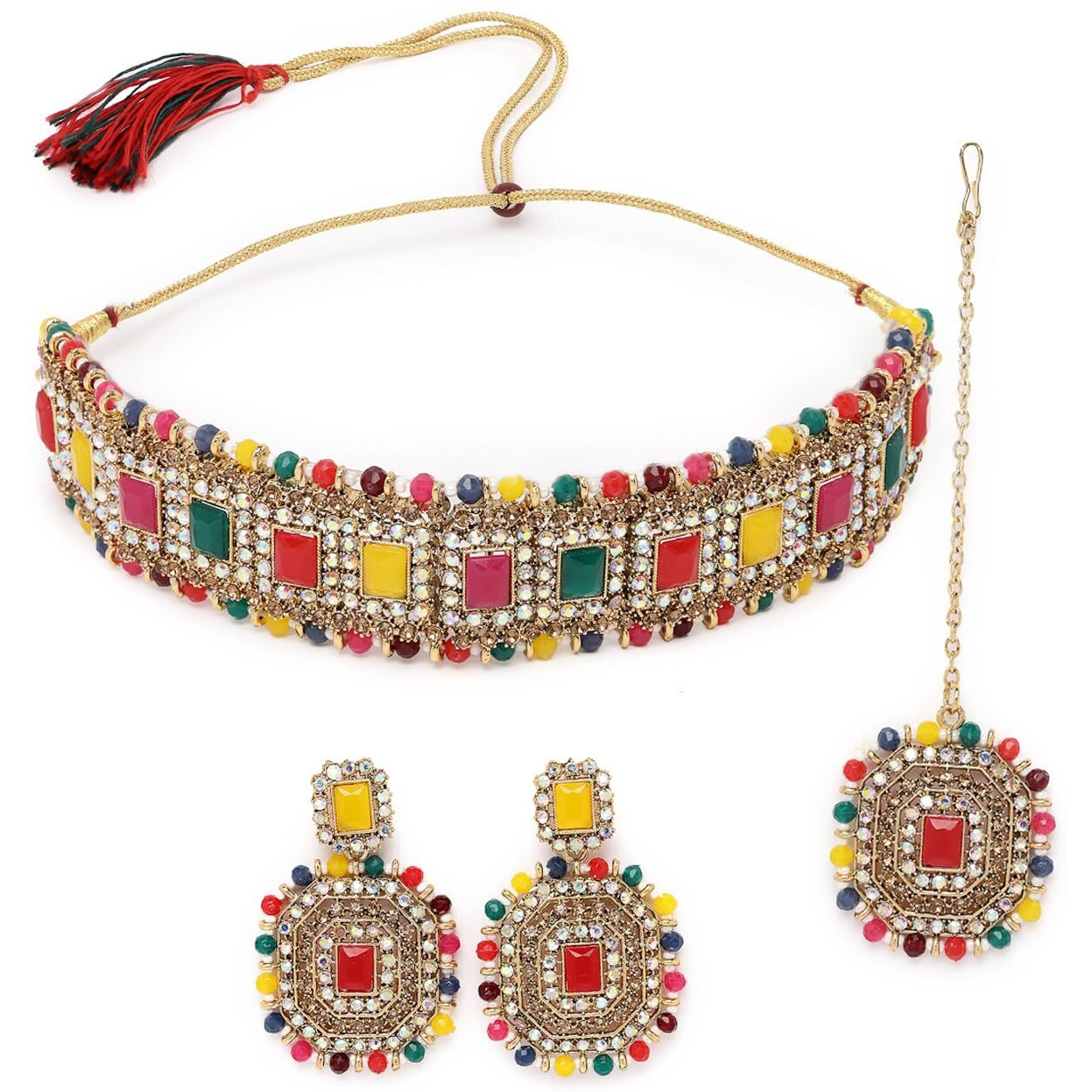 Sukkhi Decent Traditional Multicolor Kundan & Beads Choker Necklace Set With Earring And Maangtika | Jewellery Set For Women (NS105592)