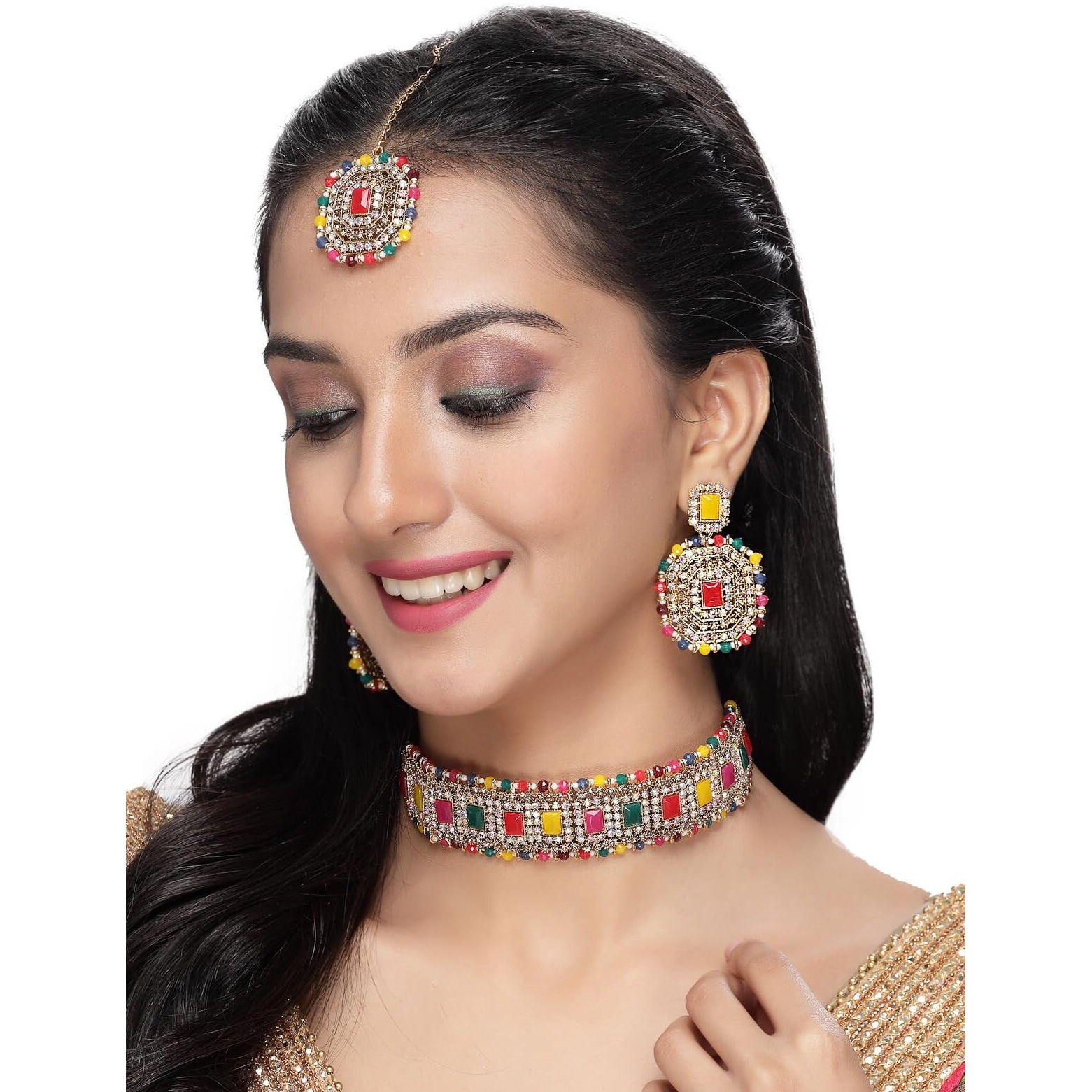 Sukkhi Decent Traditional Multicolor Kundan & Beads Choker Necklace Set With Earring And Maangtika | Jewellery Set For Women (NS105592)