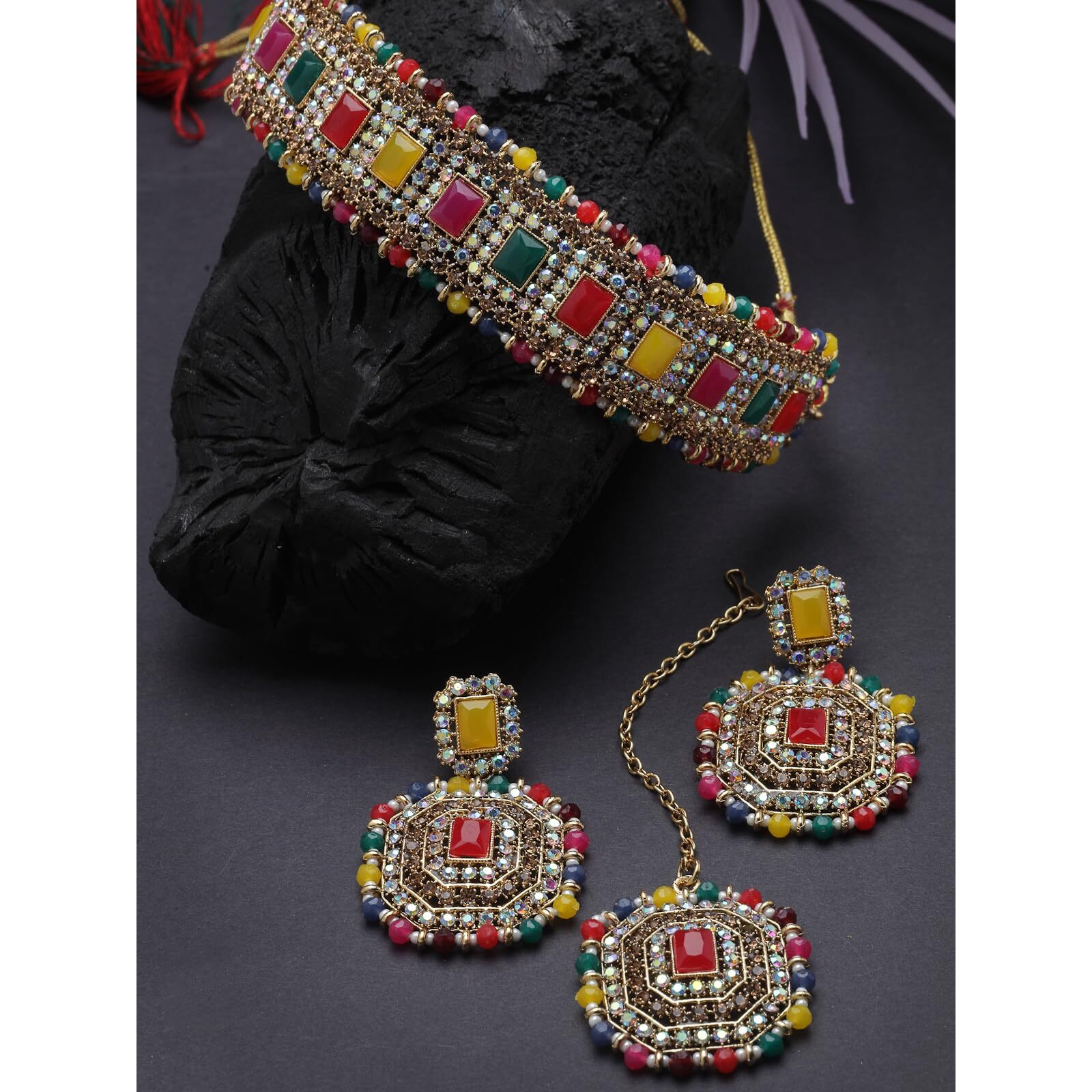 Sukkhi Decent Traditional Multicolor Kundan & Beads Choker Necklace Set With Earring And Maangtika | Jewellery Set For Women (NS105592)