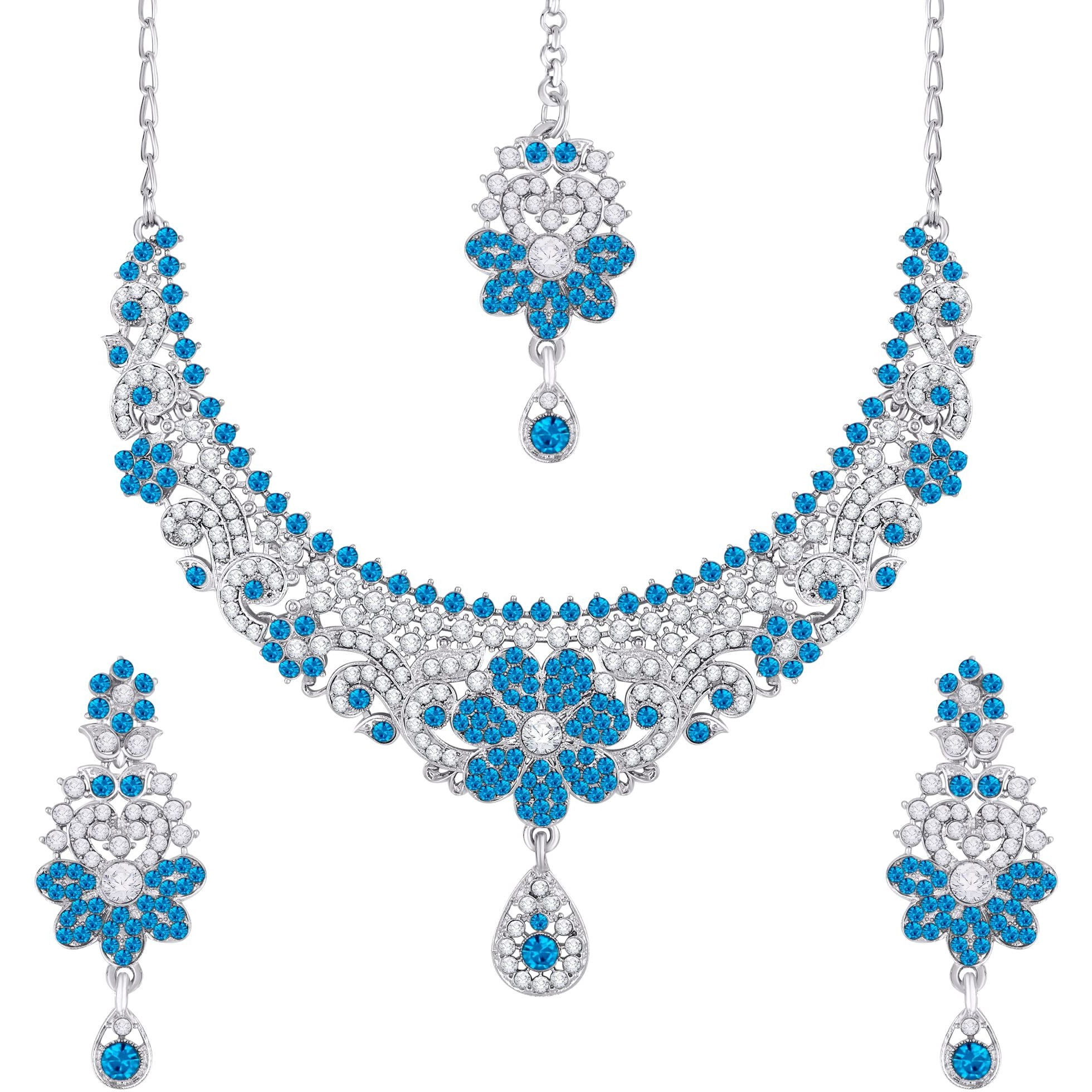 Atasi International Silver Plated Crystals Necklace/Jwelery Set with Earrings and Maang Tikka for Women - Ideal for Party, Wedding, Any Occasion (Blue)