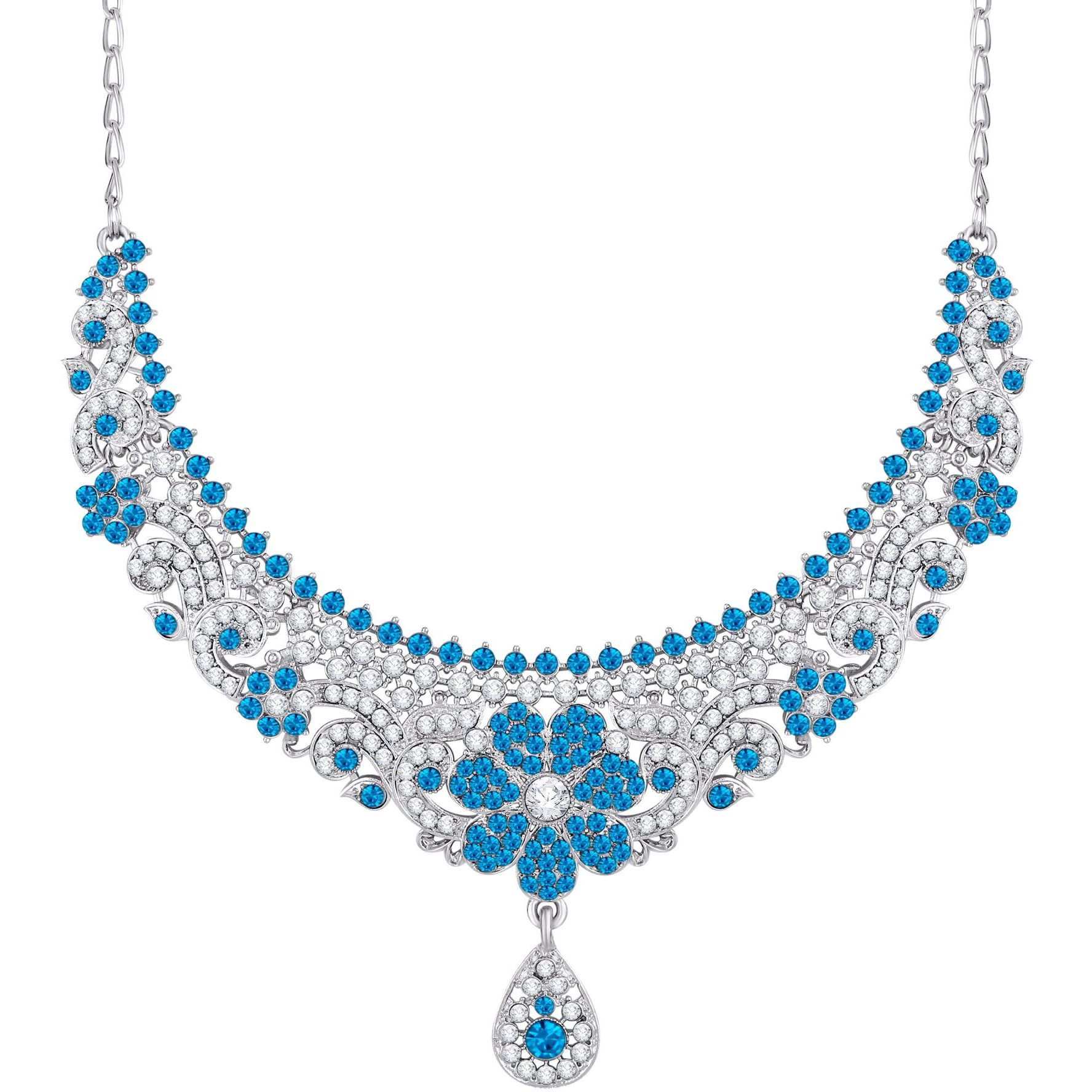 Atasi International Silver Plated Crystals Necklace/Jwelery Set with Earrings and Maang Tikka for Women - Ideal for Party, Wedding, Any Occasion (Blue)