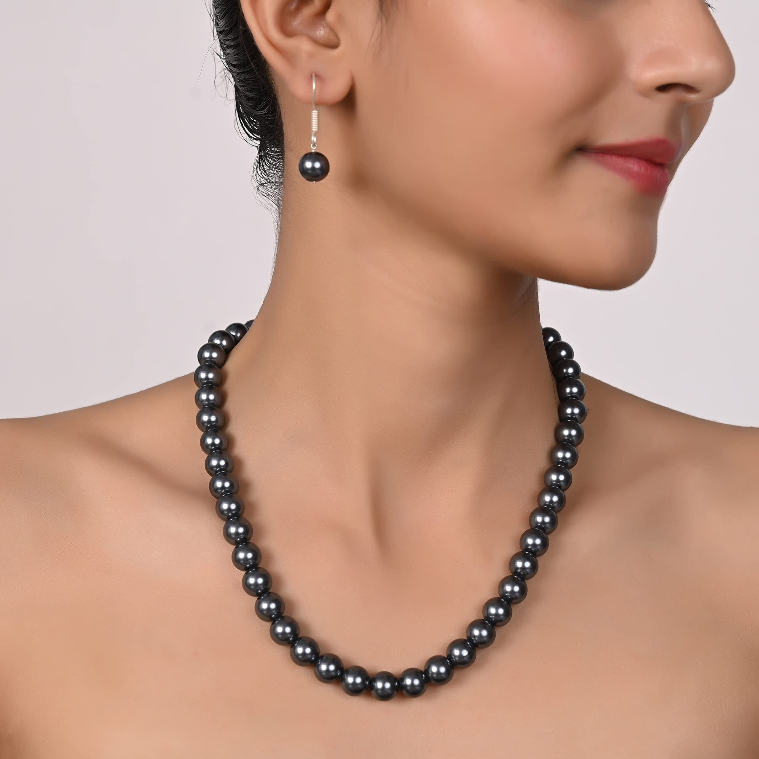 Ratnavali Jewels Imitation Pearl 10MM Bead Size Strand Necklace Pearl Moti Mala Jewellery Set with Earrings for Women Girls
