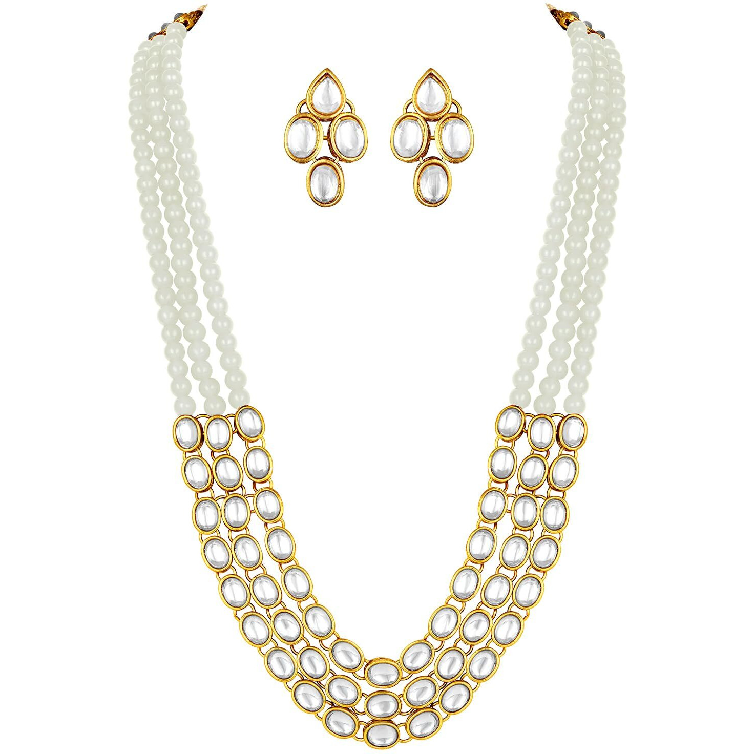 Peora Gold Plated Traditional Kundan Long Necklace Jewellery Set with Earring for Women Girls (White)