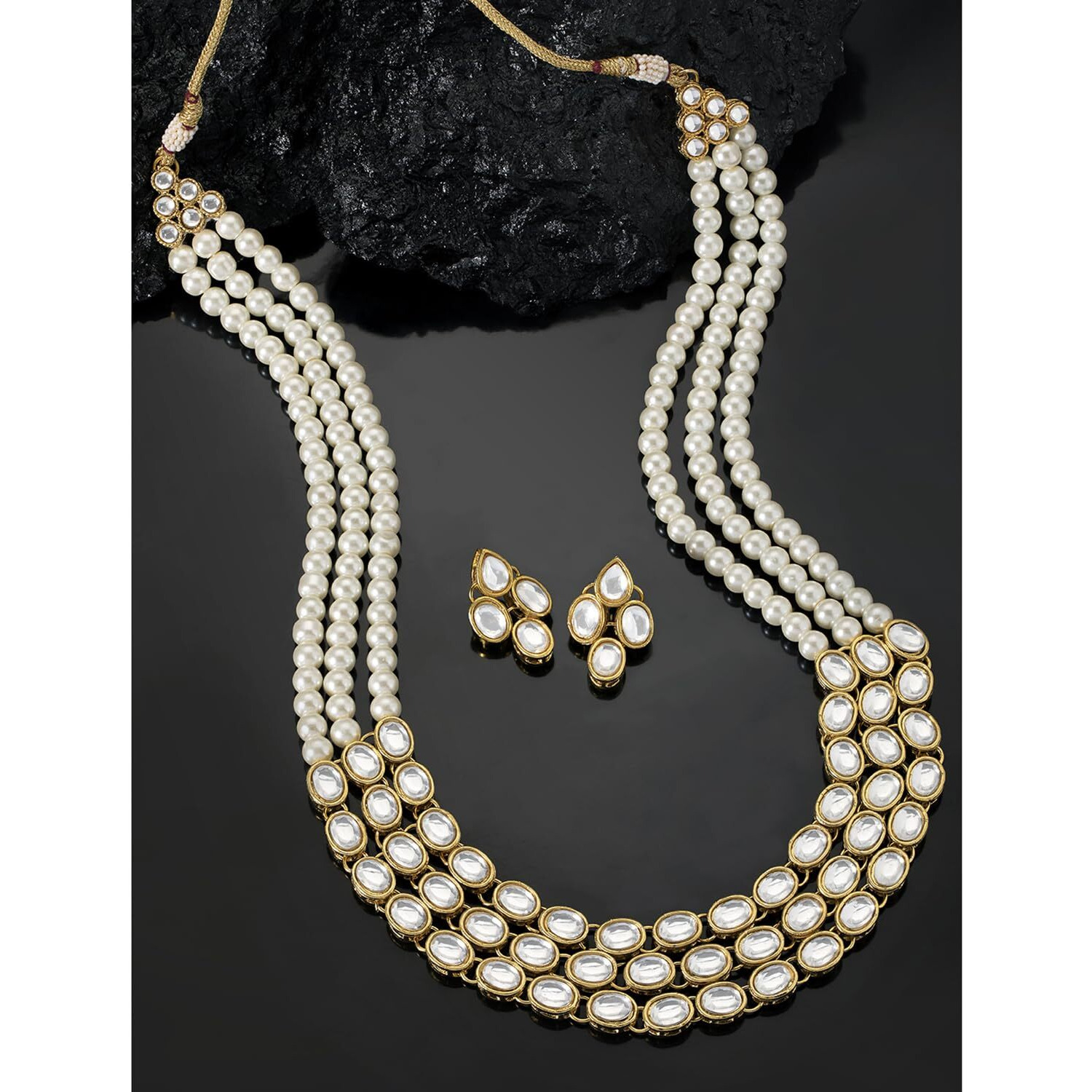 Peora Gold Plated Traditional Kundan Long Necklace Jewellery Set with Earring for Women Girls (White)