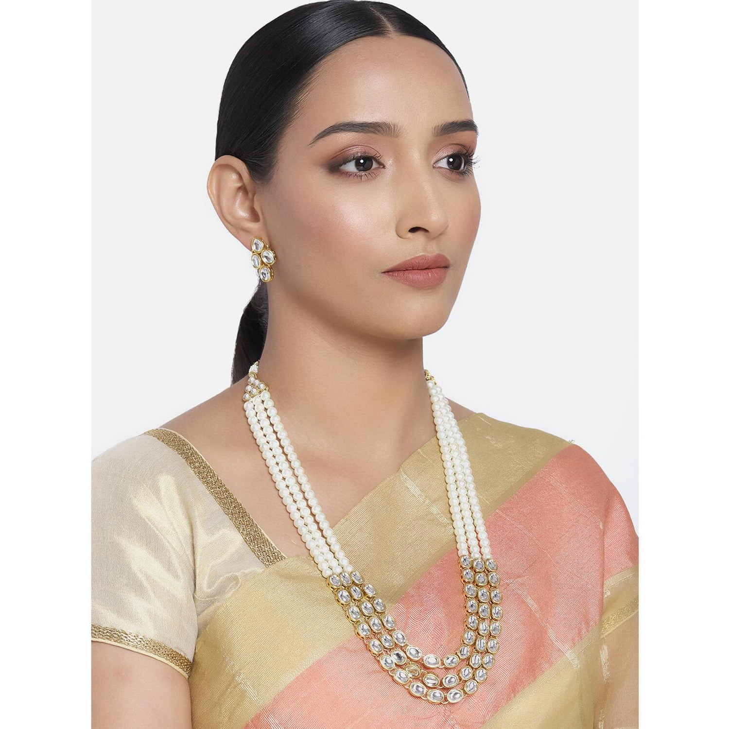 Peora Gold Plated Traditional Kundan Long Necklace Jewellery Set with Earring for Women Girls (White)