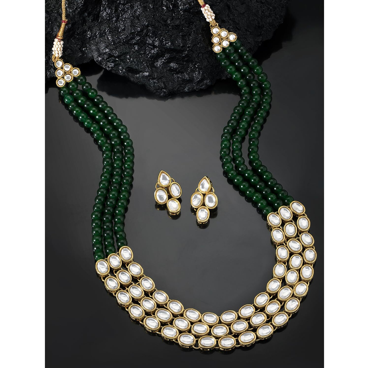 Peora Gold Plated Traditional Kundan Long Necklace Jewellery Set with Earring for Women Girls (Green)