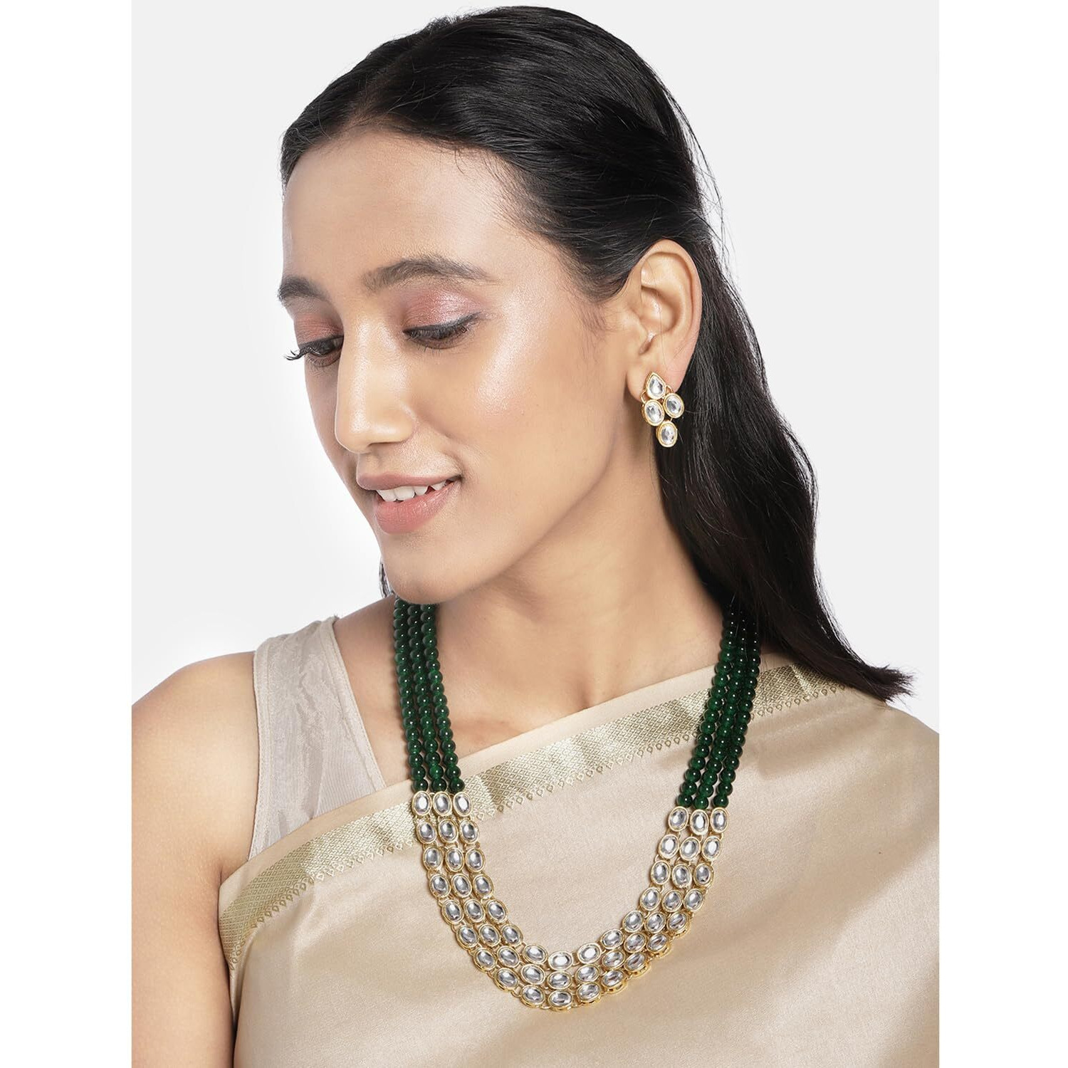 Peora Gold Plated Traditional Kundan Long Necklace Jewellery Set with Earring for Women Girls (Green)