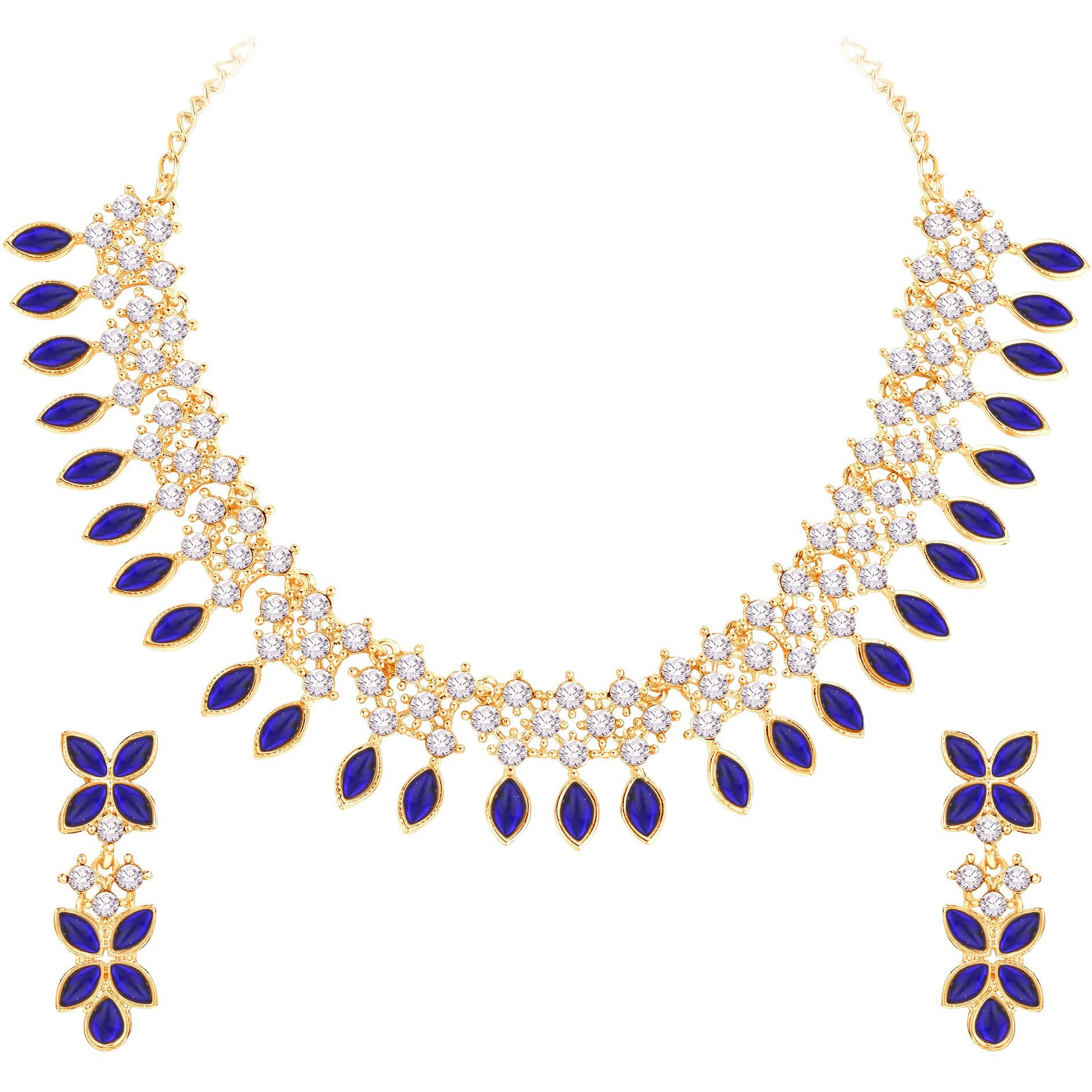 Atasi International Gold Plated Dark Blue Crystals AD Diamond Jewellery Necklace Set for Women (GB5775)