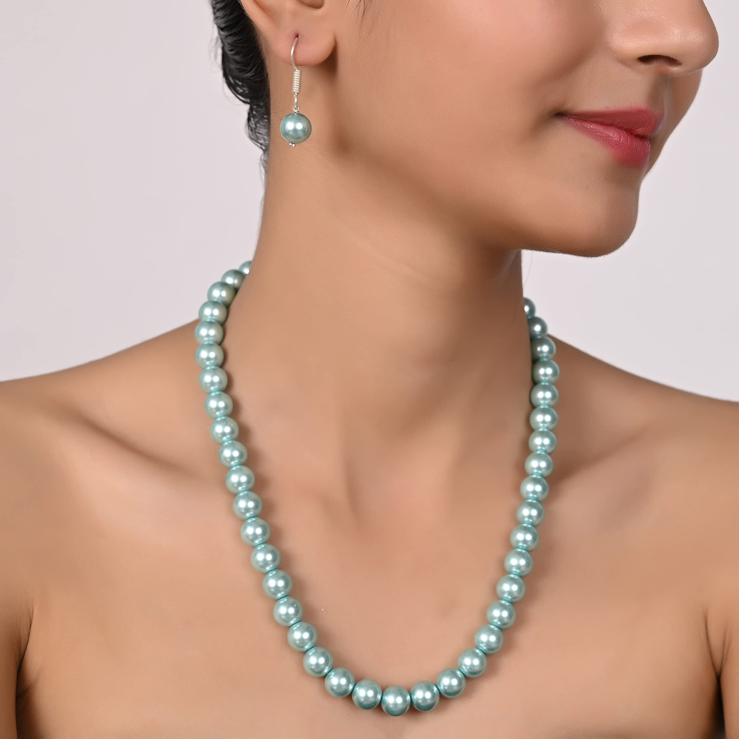 Ratnavali Jewels Imitation Pearl 10MM Bead Size Strand Necklace Pearl Moti Mala Jewellery Set with Earrings for Women Girls