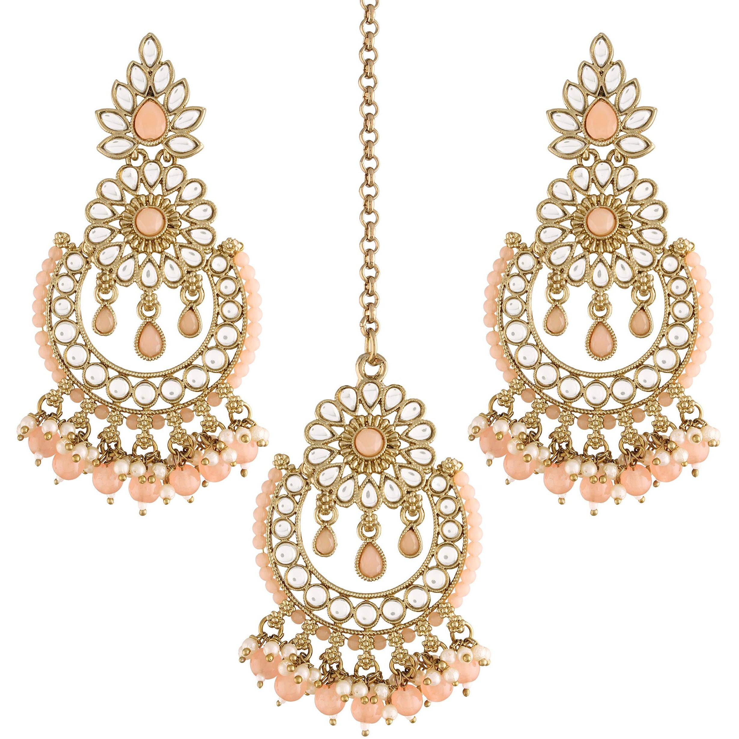 I Jewels 18K Gold Plated Traditional Handcrafted Earrings With Maang Tikka Encased with Faux Kundan & Pearl for Women/Girls (TE4001Pe)