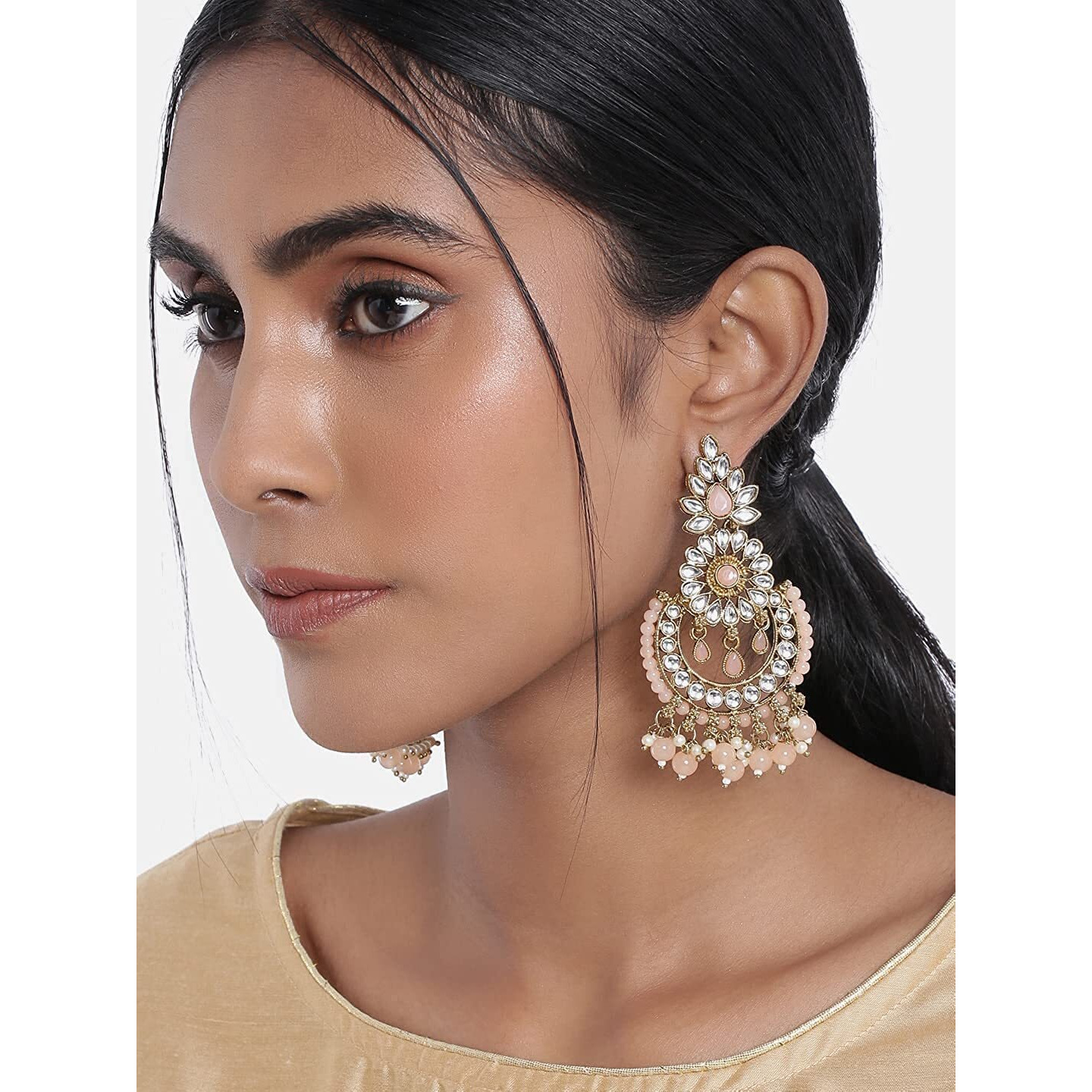 I Jewels 18K Gold Plated Traditional Handcrafted Earrings With Maang Tikka Encased with Faux Kundan & Pearl for Women/Girls (TE4001Pe)