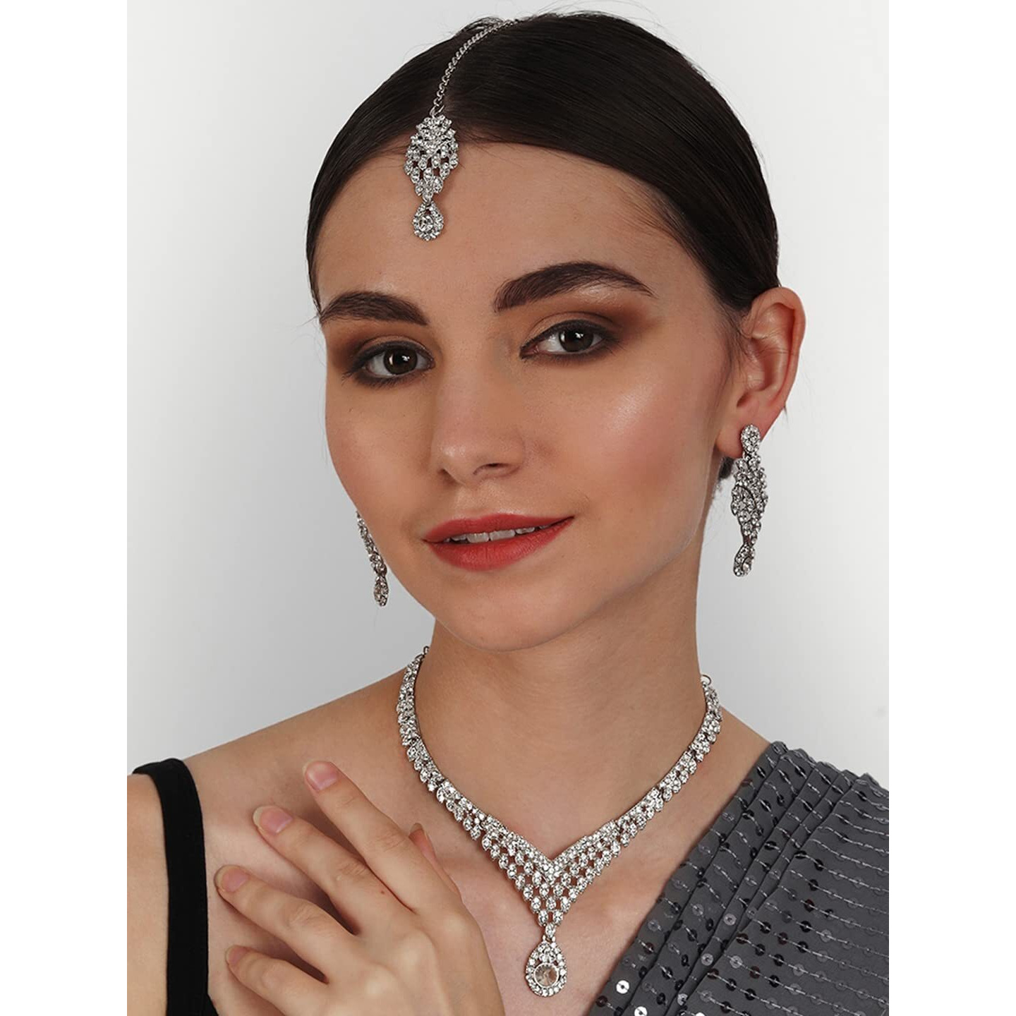 Atasi International Silver Plated Alloy Choker Necklace with Earrings and Maangtikka for Women - Jewellery Set Collection for Weddings, Parties, and Festival