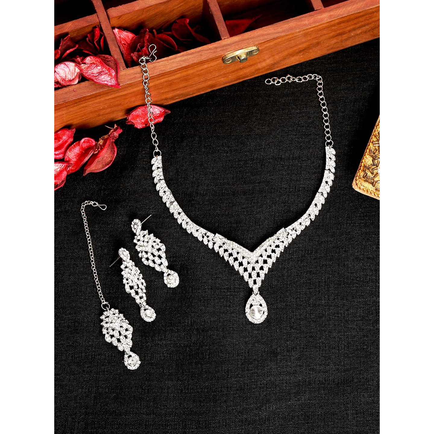 Atasi International Silver Plated Alloy Choker Necklace with Earrings and Maangtikka for Women - Jewellery Set Collection for Weddings, Parties, and Festival
