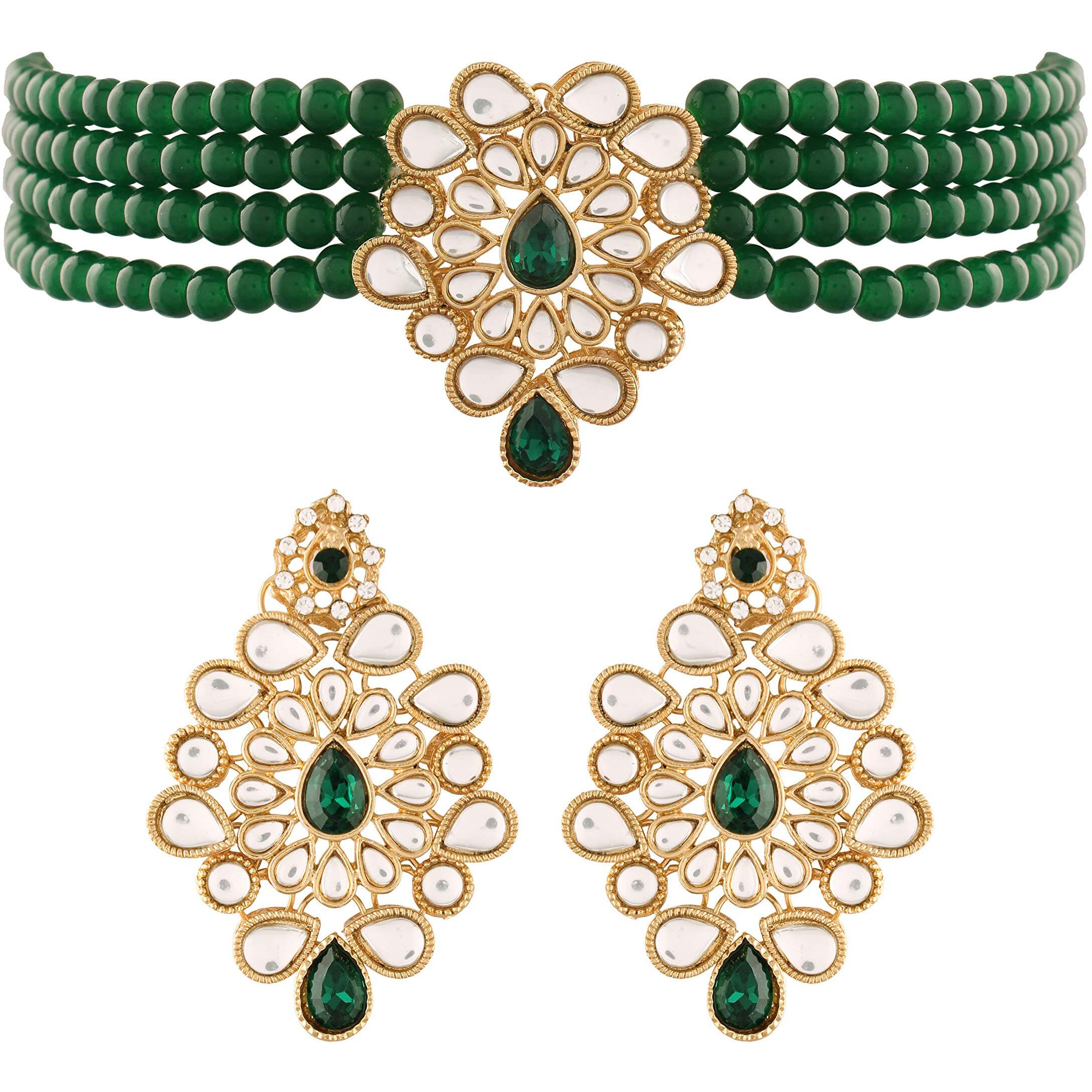 I Jewels 18K Gold Plated Traditional Kundan with Beads Choker Necklace Jewellery Set for Women/Girls (ML263G)