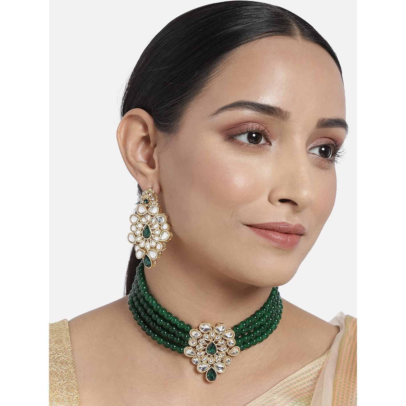 I Jewels 18K Gold Plated Traditional Kundan with Beads Choker Necklace Jewellery Set for Women/Girls (ML263G)