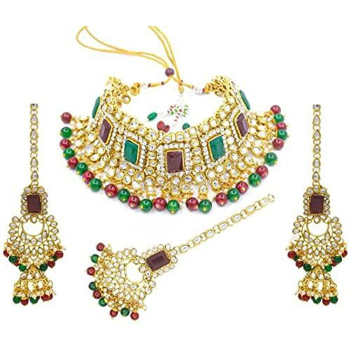 I Jewels Gold Plated Traditional Kundan and Pearl Studded Bridal Choker Necklace With Earrings And Maang Tikka Jewellery Set For Wedding (IJ401MG) For Women