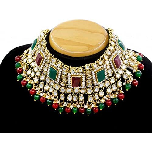 I Jewels Gold Plated Traditional Kundan and Pearl Studded Bridal Choker Necklace With Earrings And Maang Tikka Jewellery Set For Wedding (IJ401MG) For Women