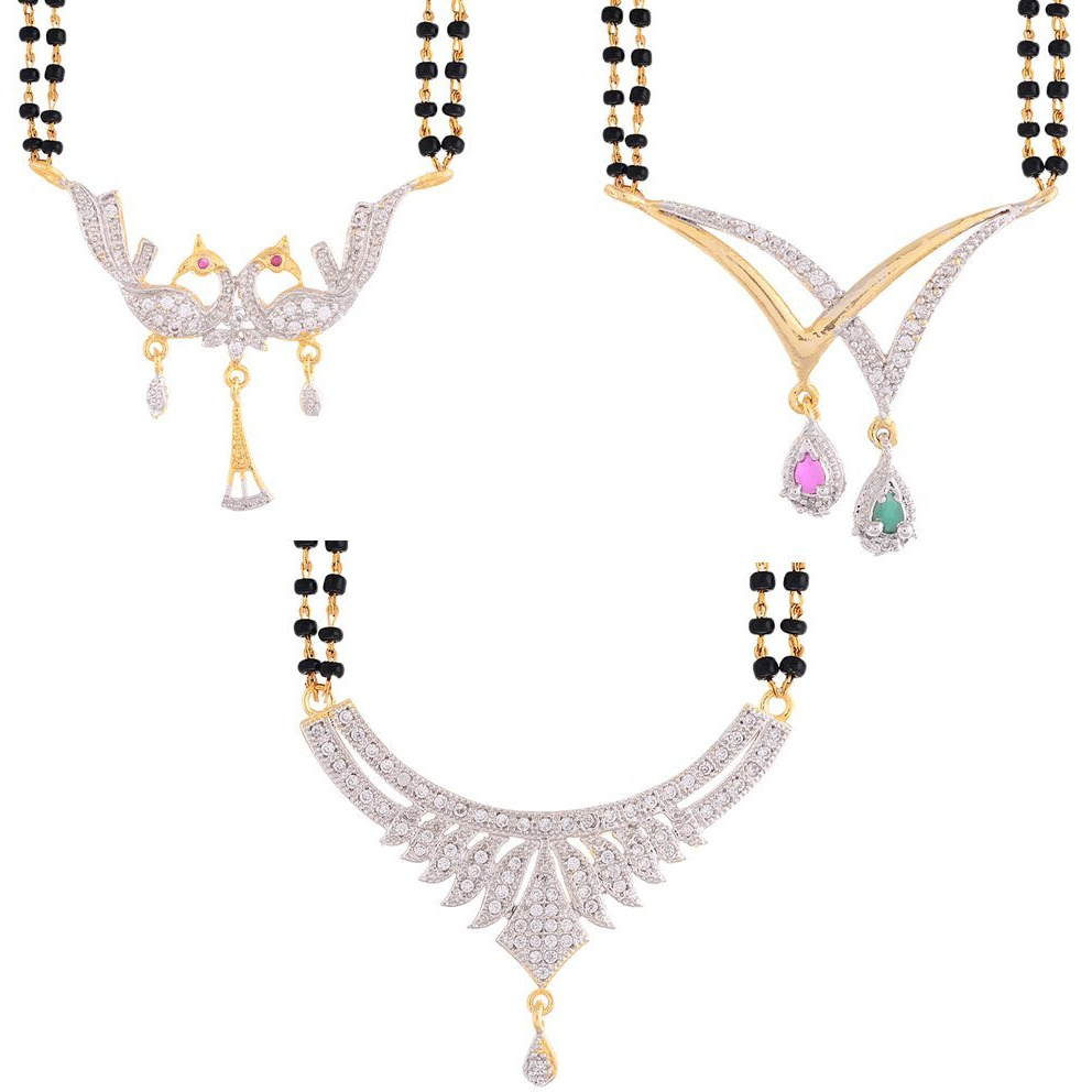 ZENEME White American Diamond Combo Of 4 Mangalsutra With Earrings Set For Women (Design-1)