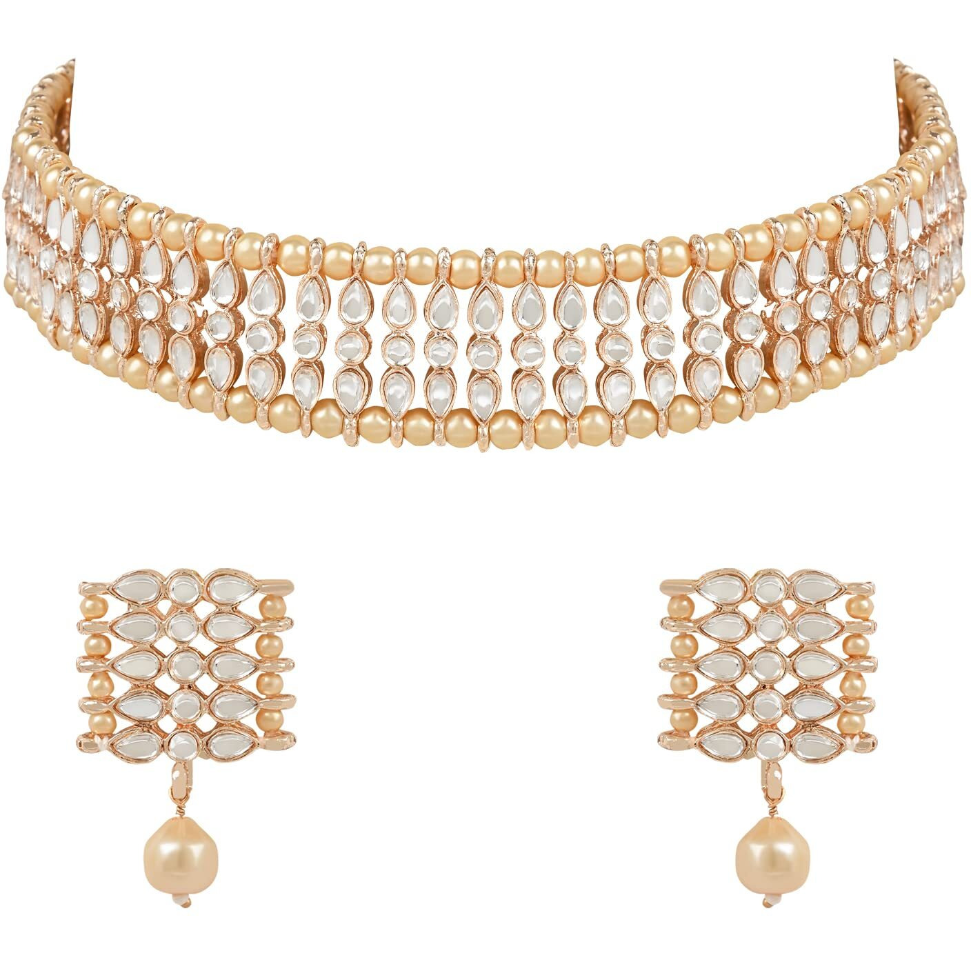 I Jewels Gold Plated Traditional Kundan Pearl Choker Necklace Jewellery Set For Women And Girls (K7209) (Rose Gold)