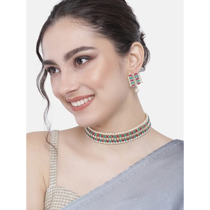 I Jewels 18k Gold Plated Traditional Peach Pearl & Kundan Studded Choker Necklace Jewellery Set For Women/Girls (K7209QG)