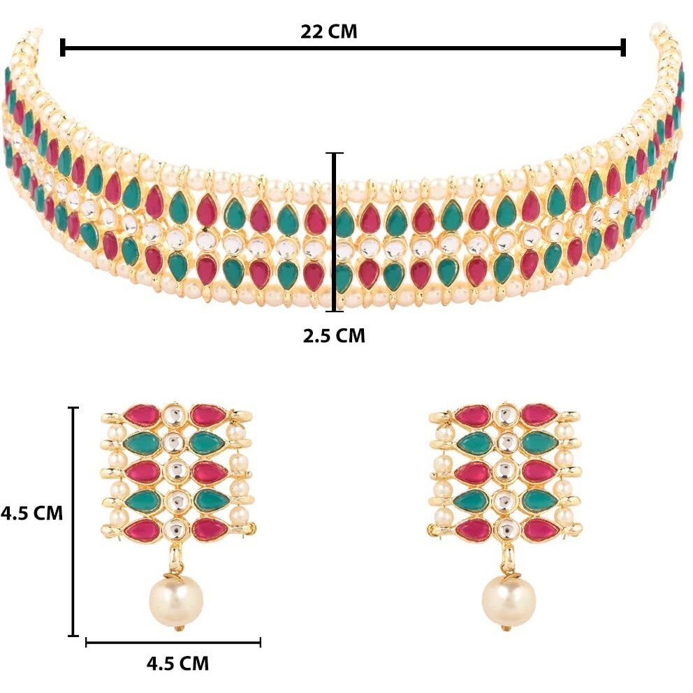 I Jewels 18k Gold Plated Traditional Peach Pearl & Kundan Studded Choker Necklace Jewellery Set For Women/Girls (K7209QG)