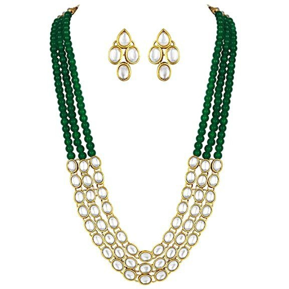 I Jewels Gold Plated Traditional Stunning White Kundan Studded Layered Pearl Necklace Jewellery Set with Earrings For Women/Girls (IJ376G)